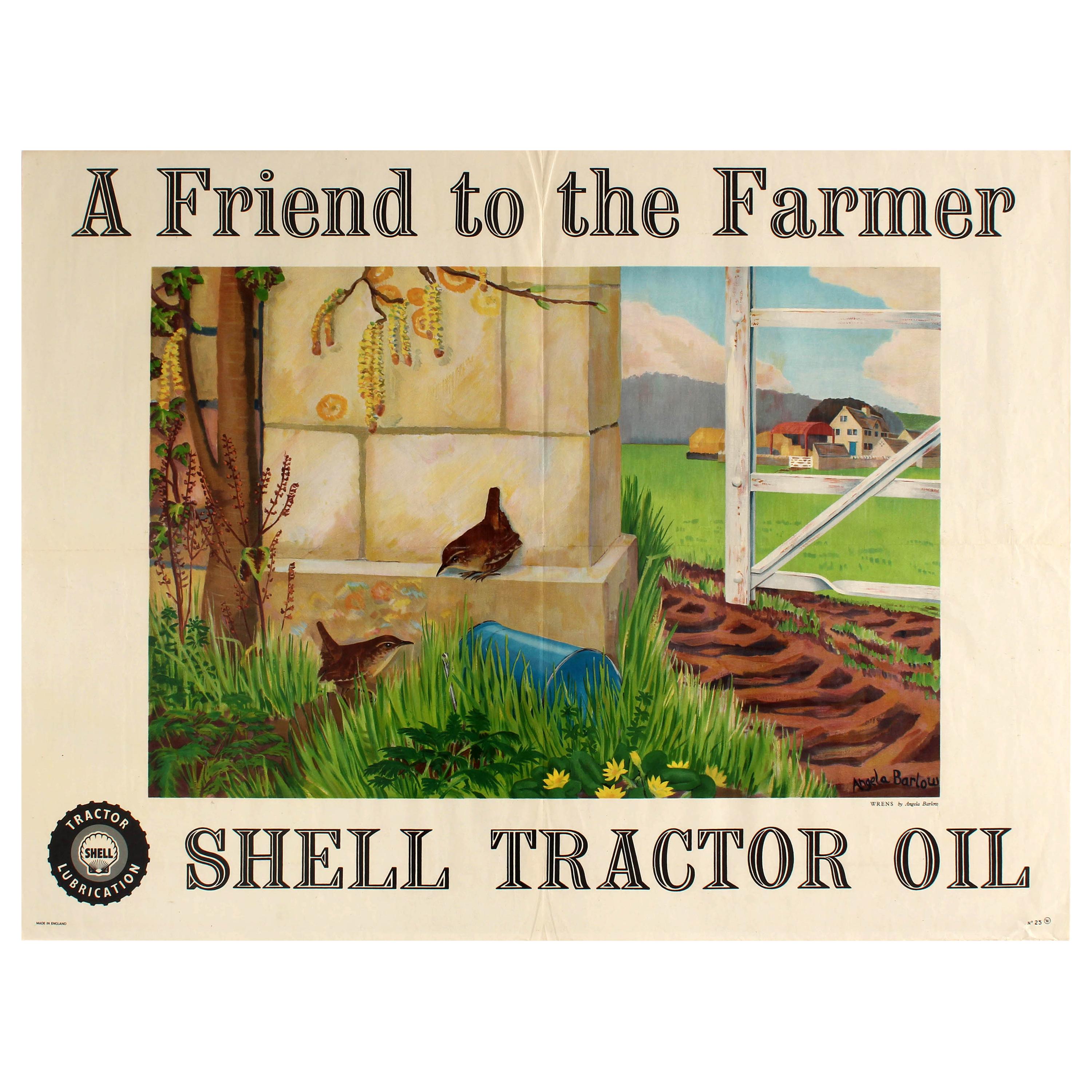 Affiche vintage d'origine A Friend To The Farmer:: Coquillage:: Tractor:: Angleterre:: Vue de la ferme à l'huile en vente