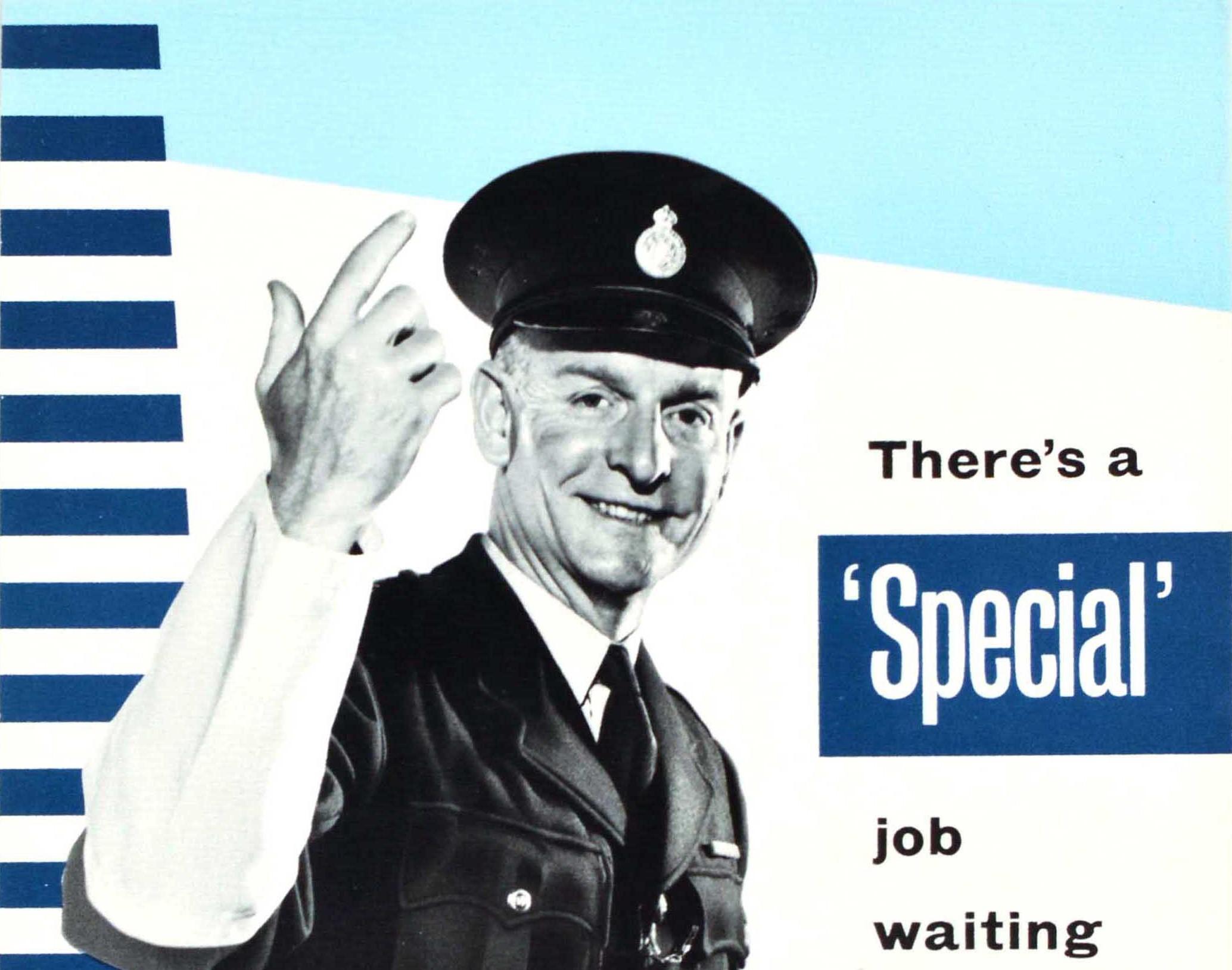 Original vintage recruitment poster - There's a 'Special' job waiting for you Join your local Special Constabulary - featuring a smiling man in traffic police uniform directing the viewer to the bold text on the side. Special Constables are part