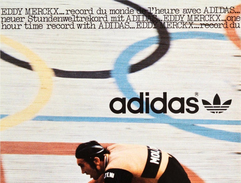 German Original Vintage Poster Adidas Sport Shoes Eddy Merckx World Record Cyclist Race For Sale
