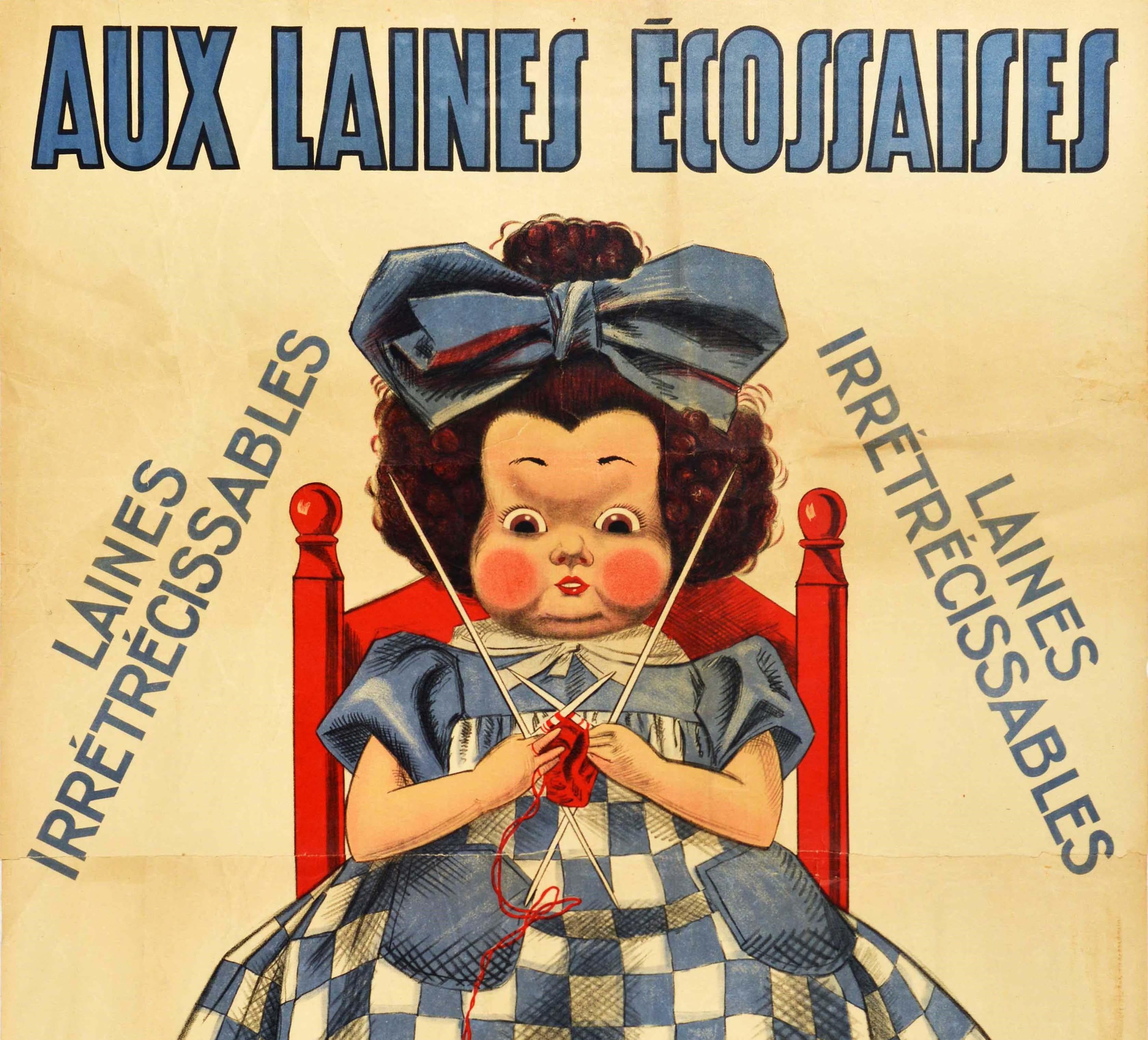 Original vintage advertising poster - With Scottish Yarns Shrink-Resistant Yarn Ask for our Wool at M. Rolley / Aux Laines Ecossaises Laines Irretrecissable Demandez nos Laines chez M. Rolley 36 Quai Tostain a Trouville sur Mer - featuring an image