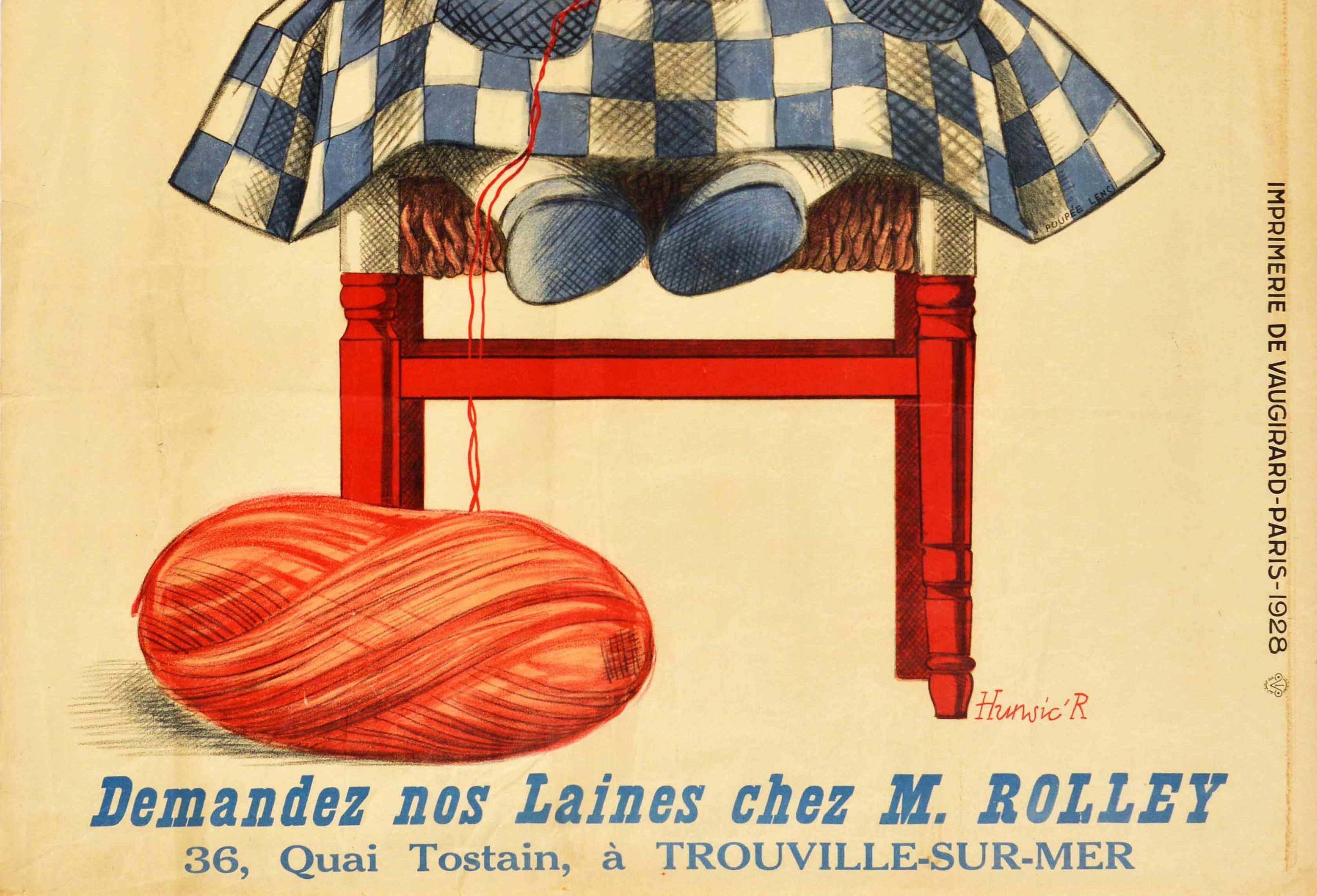 French Original Vintage Poster Advertising Shrink Resistant Scottish Wool Knitting Doll For Sale