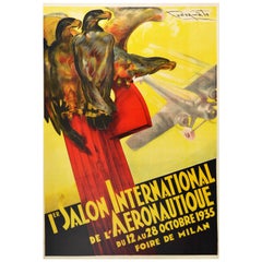 Original Vintage Poster Aeronautique Foire De Milan Aeronautics Show Eagle Plane