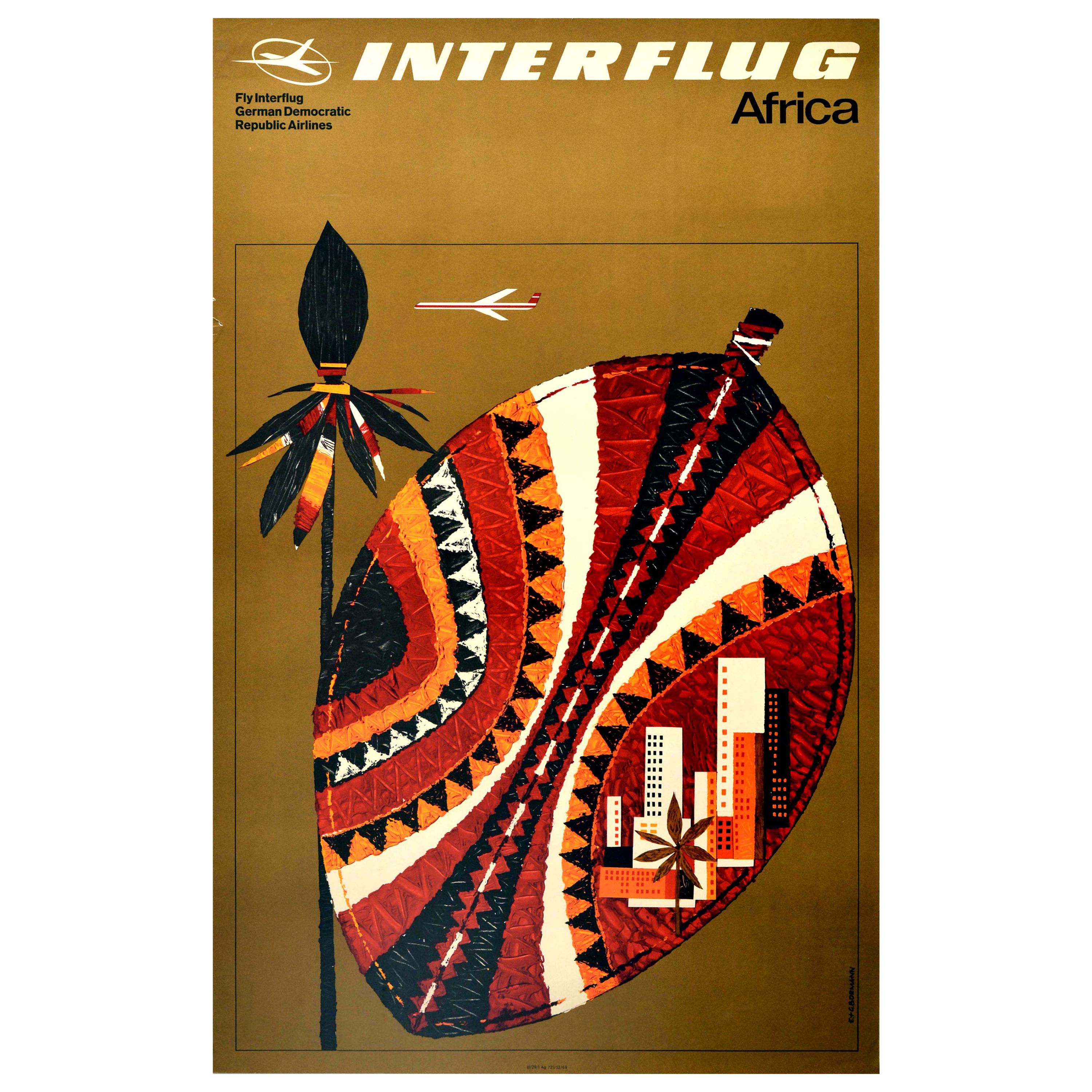 Original Vintage Poster Africa Fly Interflug German Democratic Republic Airlines For Sale