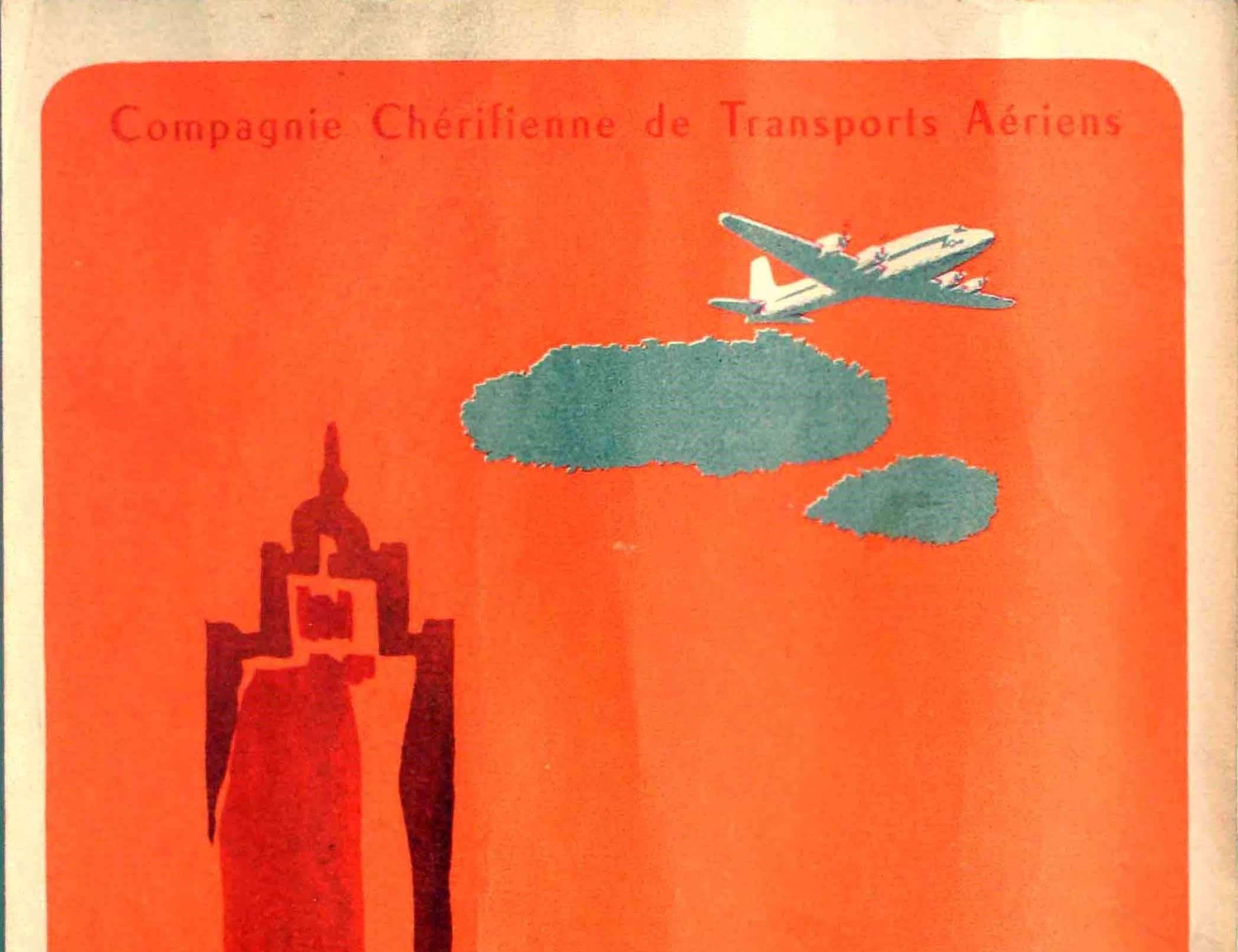 Original vintage travel poster - Air Atlas Maroc Compagnie Cherifienne de Transports Aeriens - featuring a plane flying above clouds over a stylised skyline of a city in red and orange colours with palm trees and a mosque tower in the foreground and