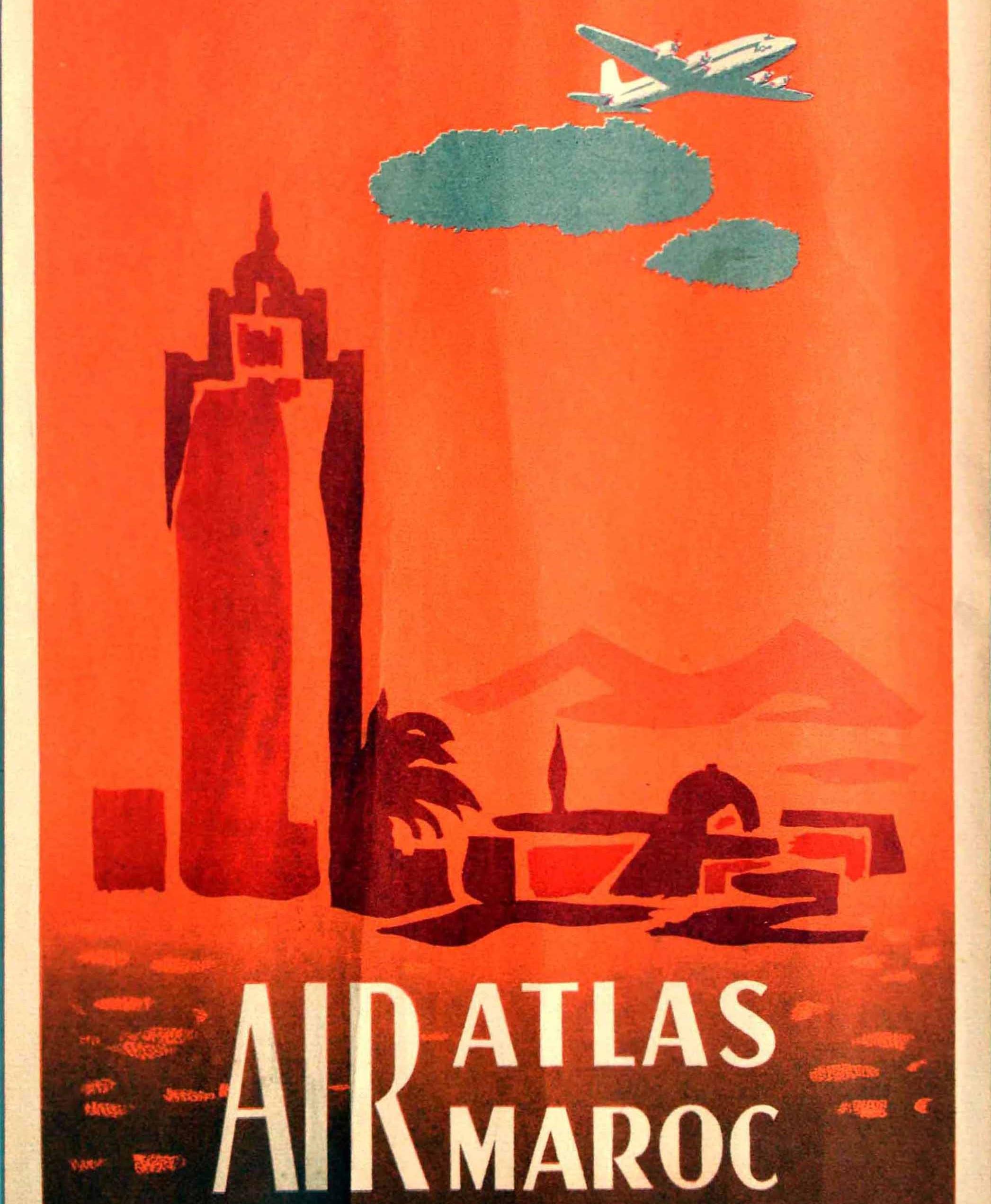 Moroccan Original Vintage Poster Air Atlas Maroc Casablanca Morocco Aviation Travel Art