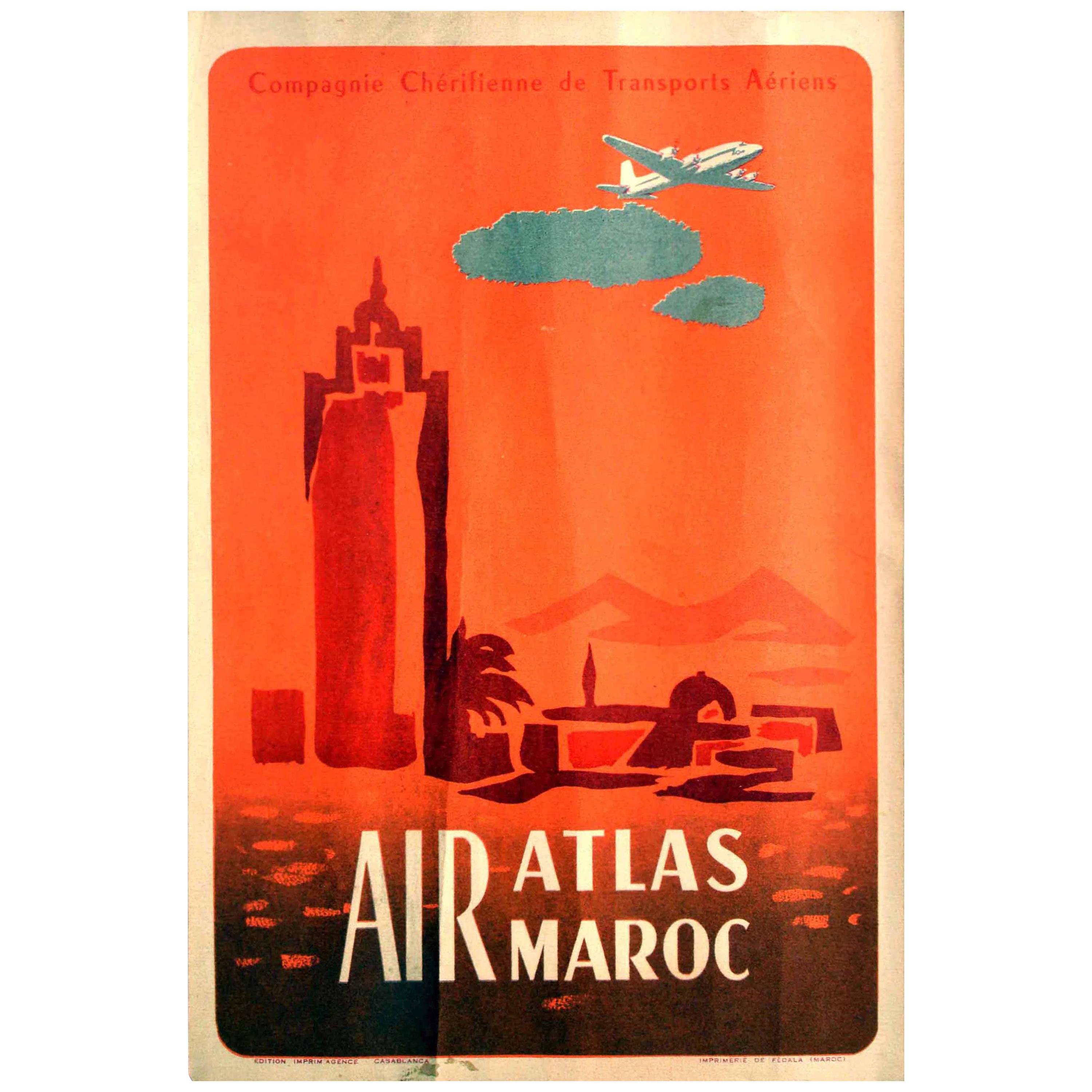 Original Vintage Poster Air Atlas Maroc Casablanca Morocco Aviation Travel Art