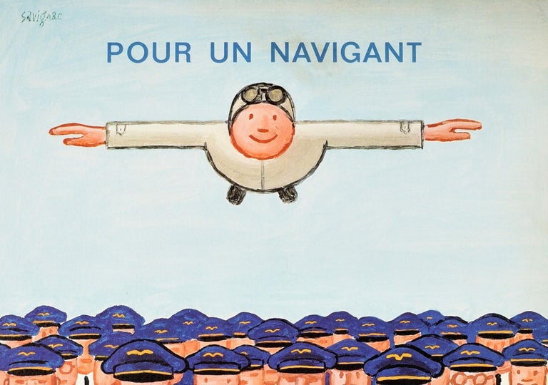 Original vintage military recruitment poster, for The Flyers 56 Specialists French Air Force / Pour Un Navigant 56 Specialistes Armee de l'Air - featuring a fun cartoon style design by the notable French graphic artist Raymond Savignac (1907-2002)