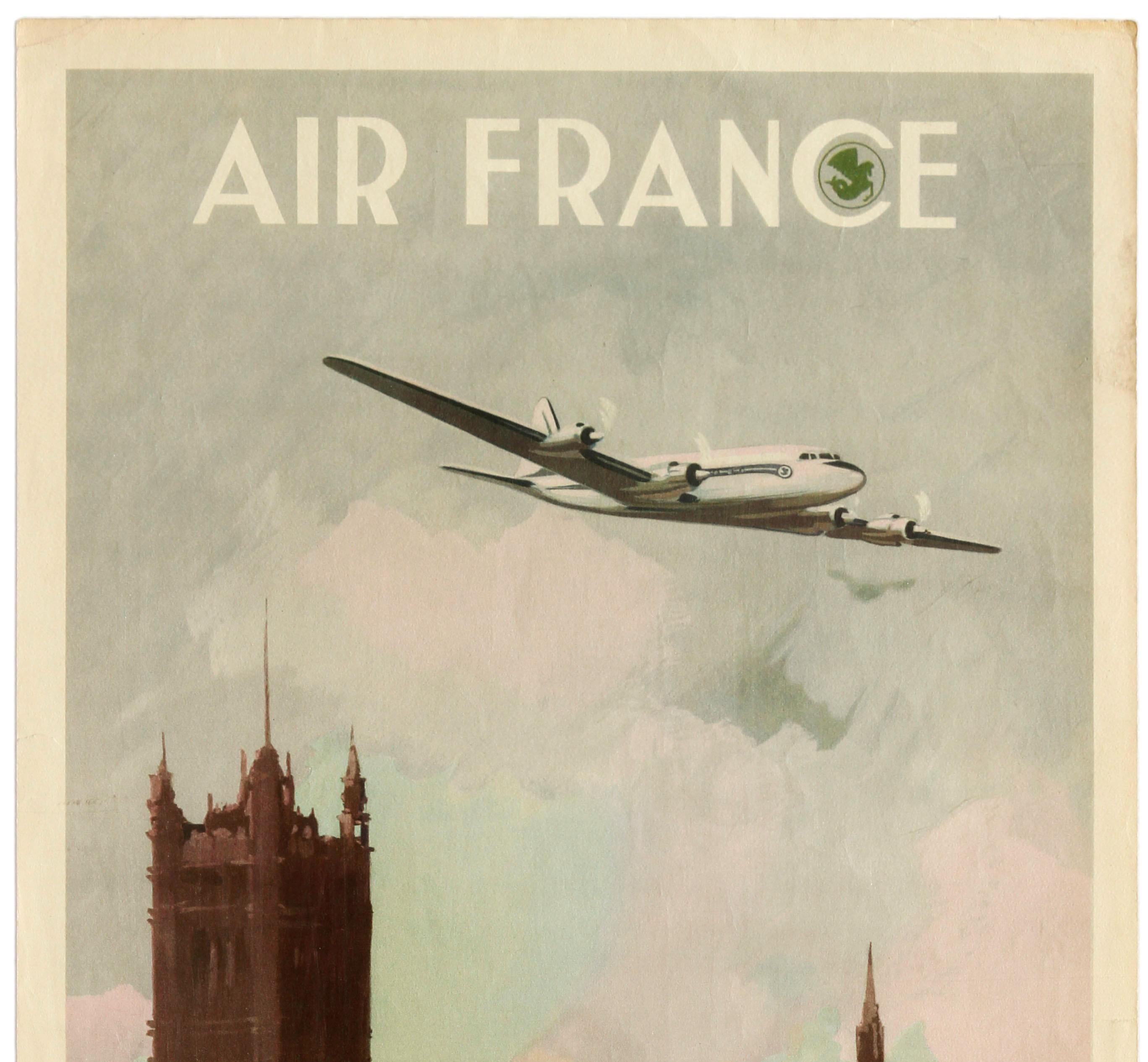 Original vintage Air France poster promoting its flights to Angleterre / England featuring a great painting depicting an Air France propeller plane flying over the city of London and the River Thames busy with ferry and sailing boats on the water in