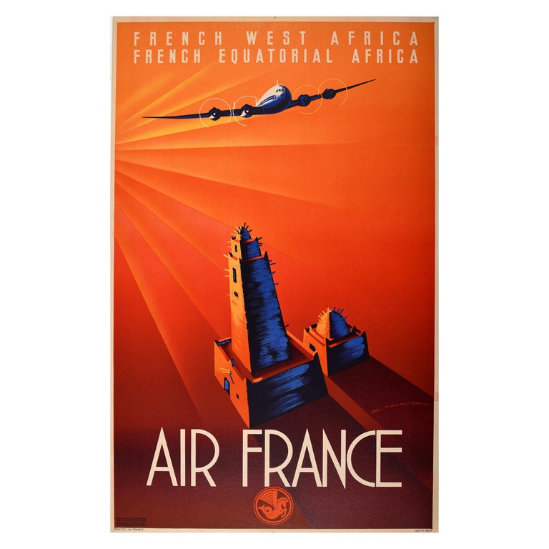 Original Vintage Poster Air France Art Deco French West Africa Equatorial Africa