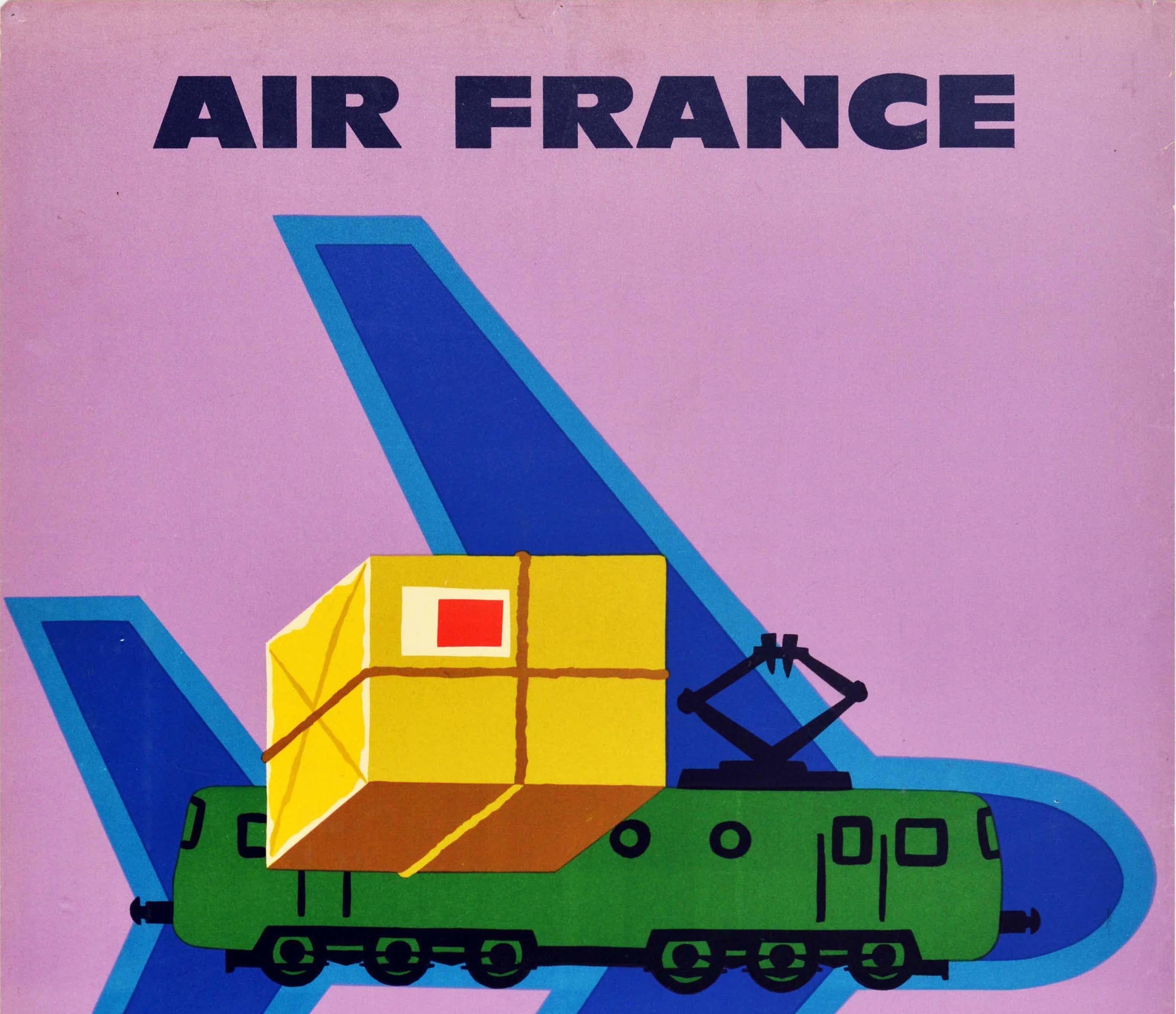 Original vintage advertising poster for Air France to promote their air mail post service - Air France colis postal avion aussi vite qu’une lettre par avion / Air France airmail parcels just as fast as a letter by plane - featuring a bold and