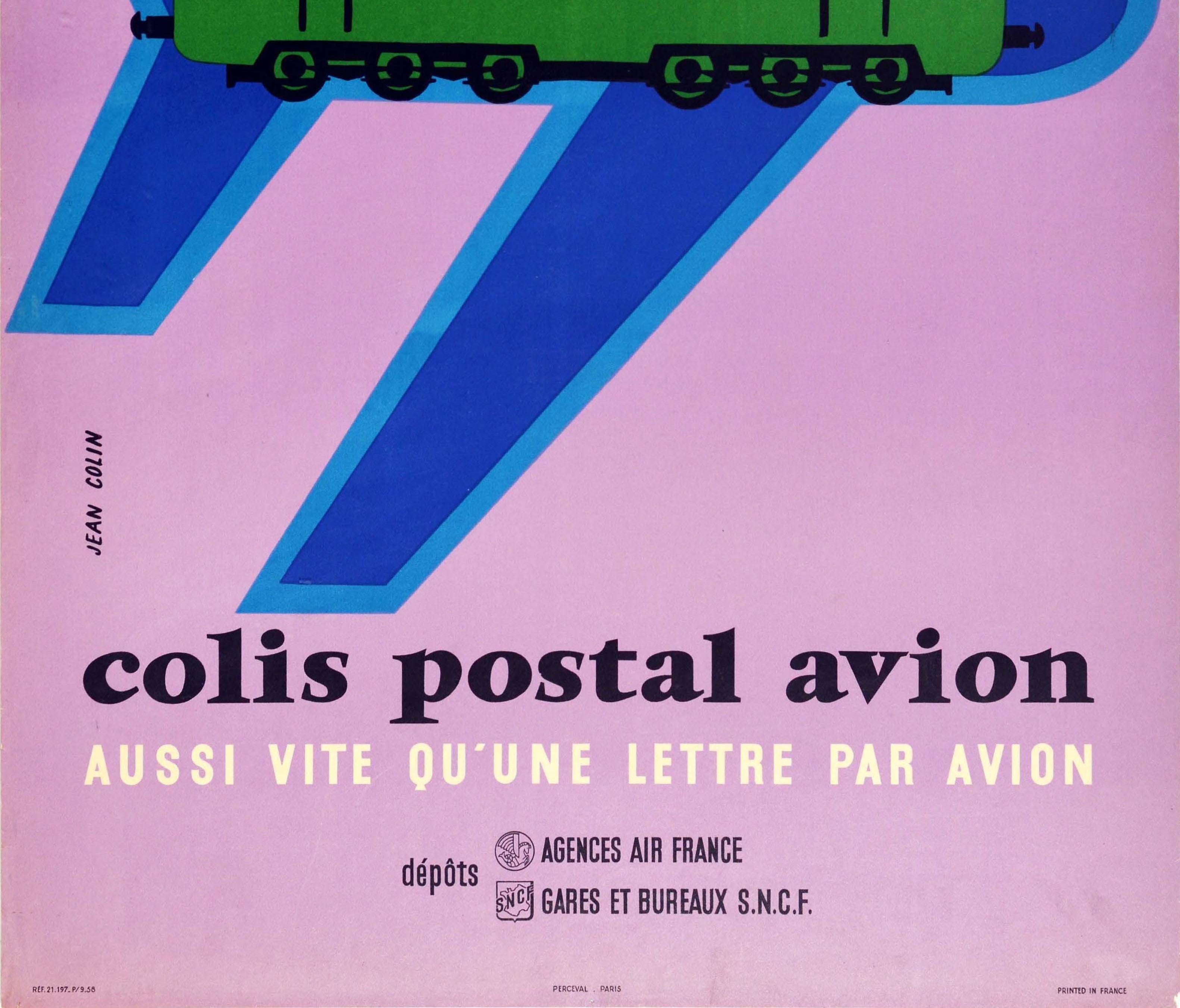 French Original Vintage Poster Air France Colis Postal Avion Airmail Plane Train Design For Sale
