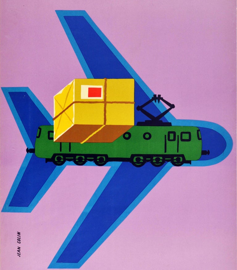Original Vintage Poster Air France Colis Postal Avion Airmail Plane Train Design In Good Condition For Sale In London, GB