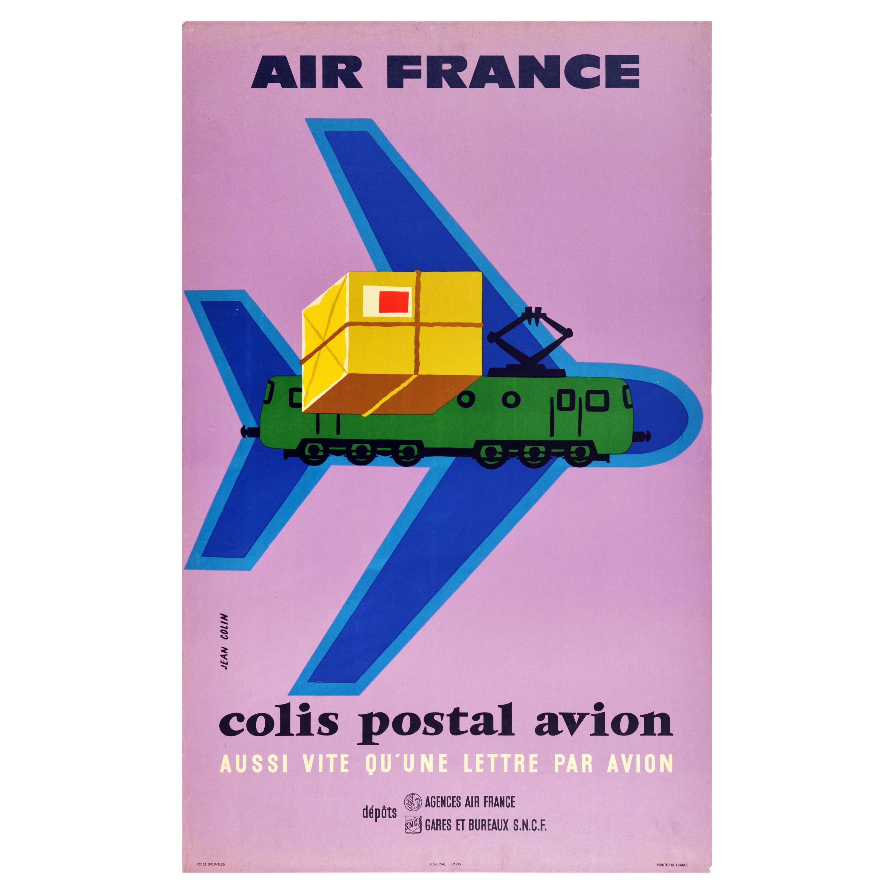 Affiche rétro originale, Air France, Colis postal avion, Dessins de la poste aérienne, d'un avion et d'un train