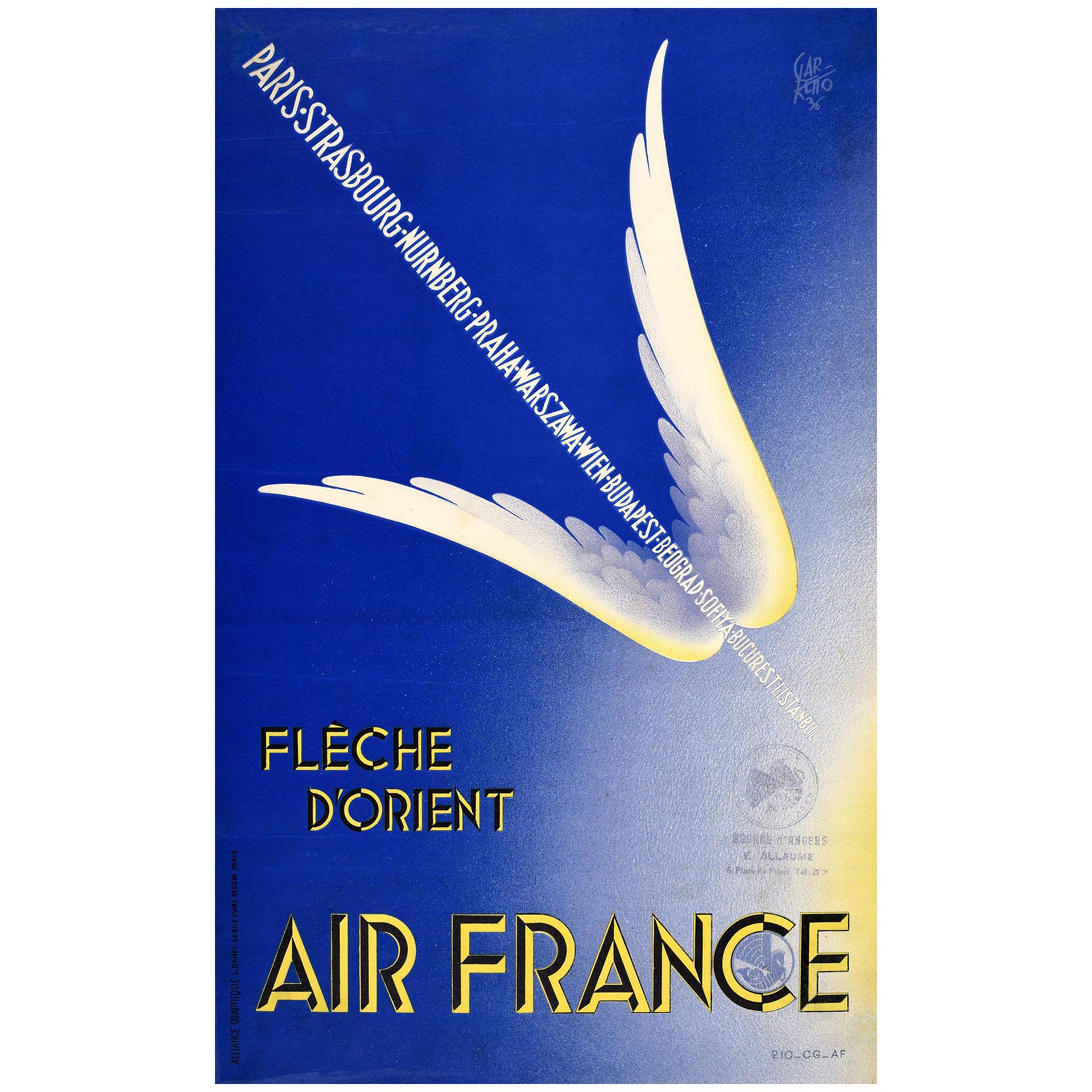 Original Vintage Poster Air France Fleche D'Orient Winged Arrow Design Travel