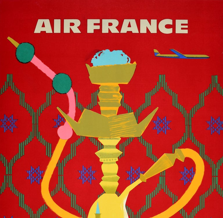 Original vintage Near East travel poster issued by Air France featuring colourful artwork by Eric Castel (1915-1997) depicting an image of city domes and minarets with a palm tree reflected on calm water in the shape of a traditional hookah smoking
