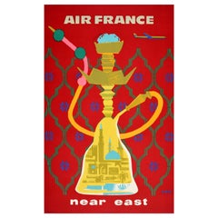 Original Vintage Poster Air France Near East Hookah Smoking Pipe Travel Design