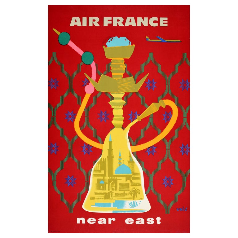 Original Vintage Poster Air France Near East Hookah Smoking Pipe Travel Design For Sale