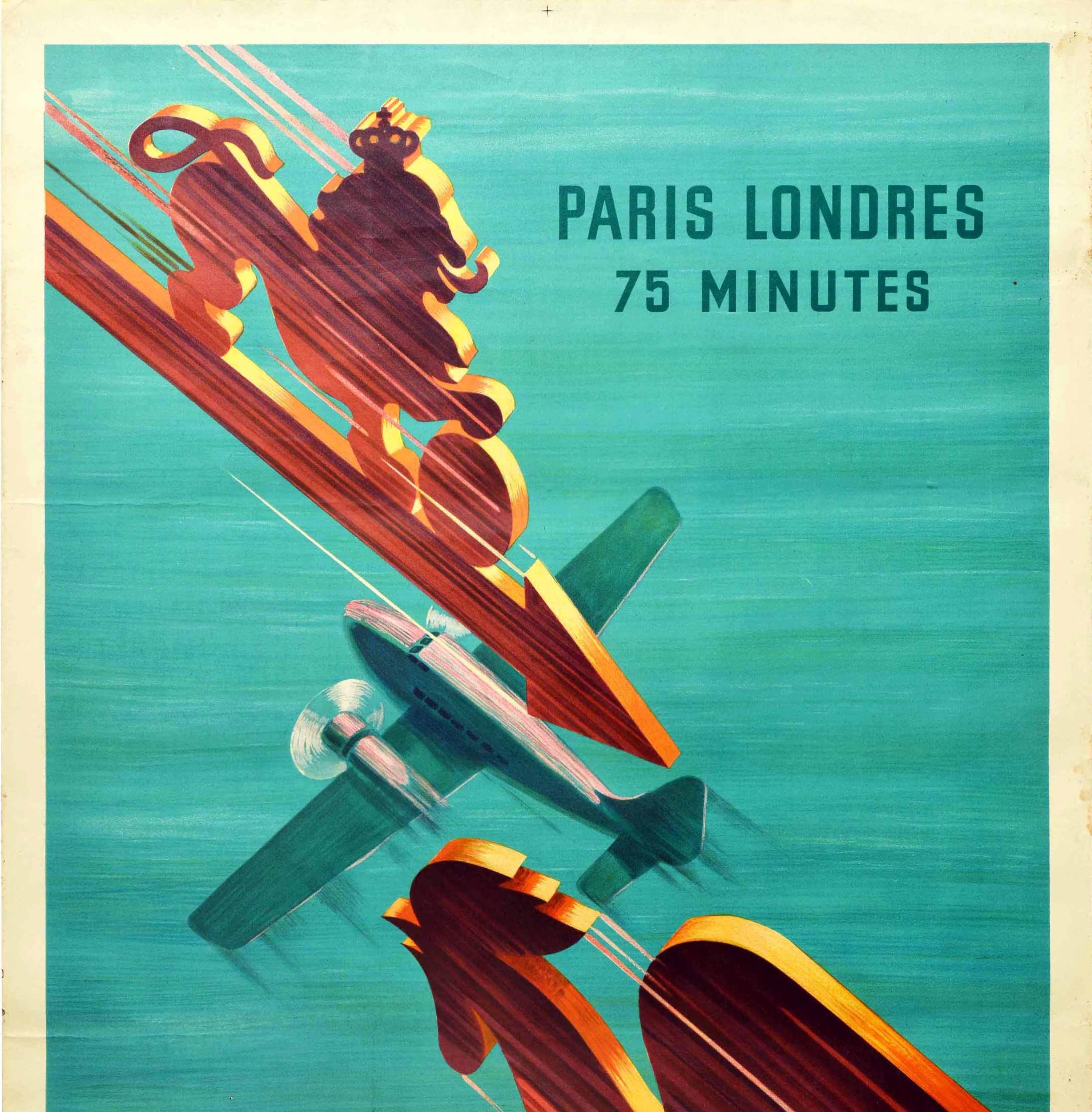 Original vintage travel poster issued by Air France - Paris Londres 75 minutes / Paris London 75 minutes. Dynamic design by Roger de Valerio (1886-1951) featuring a golden lion and rooster on arrows pointing forwards representing the national