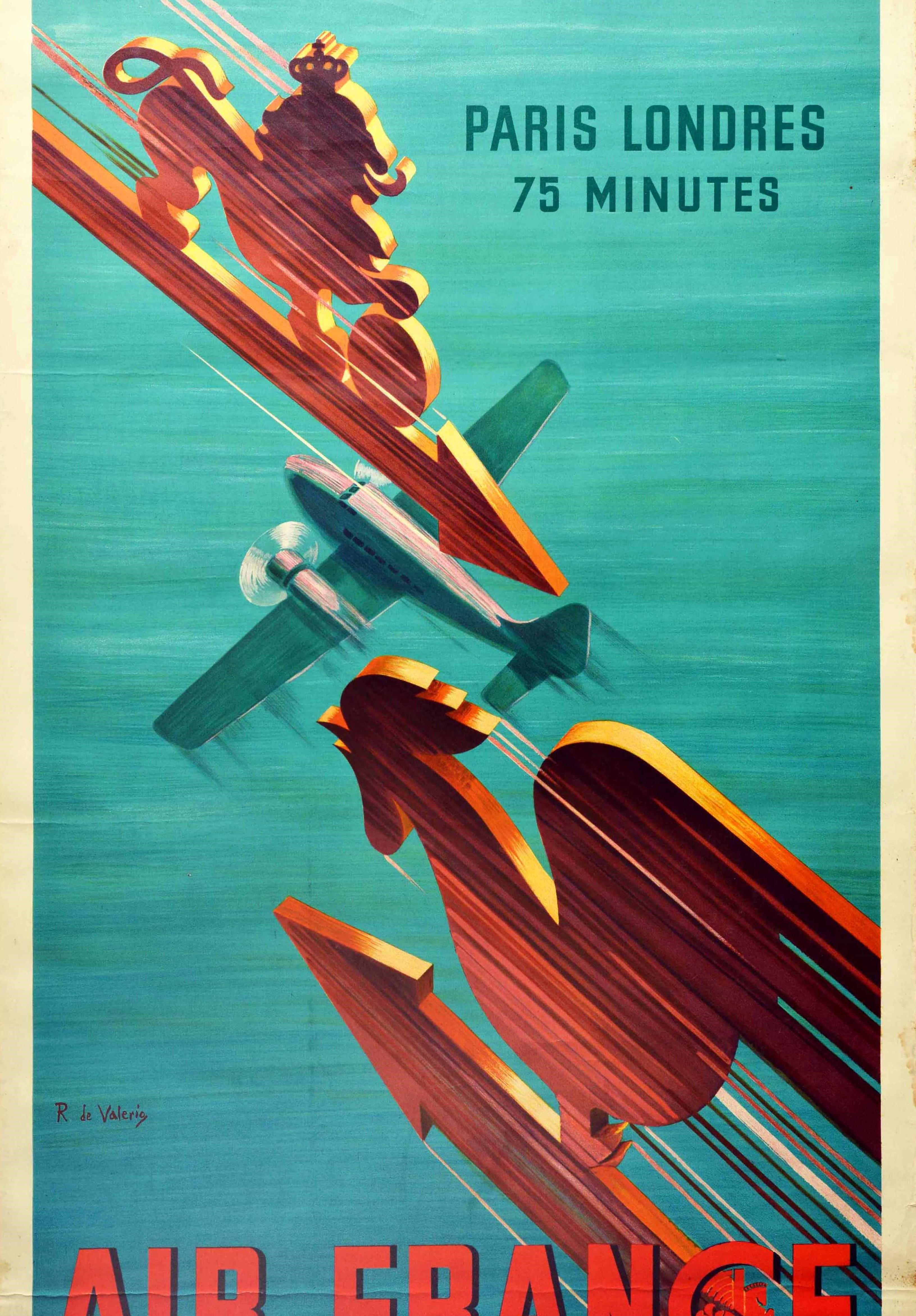 Art Deco Original Vintage Poster Air France Paris London 75mins Lion Rooster Speed Travel