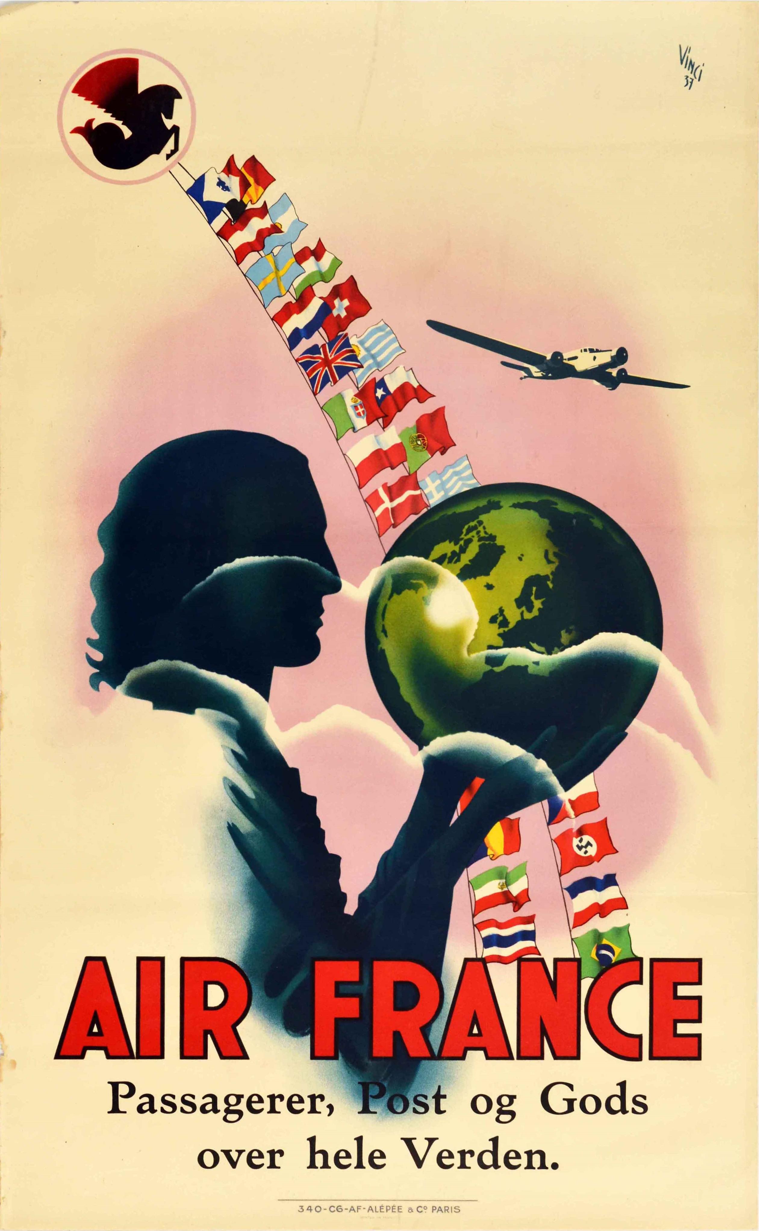 Original vintage Air France poster advertising Passagerer, Post og Gods over hele Verden / Passengers, Mail and Freight Worldwide. Colourful Art Deco design depicting the silhouette of a person holding a globe of the earth in front of a string of