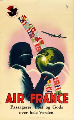Original Vintage Poster Air France Passengers Mail Freight Weltweite Flaggen Globus
