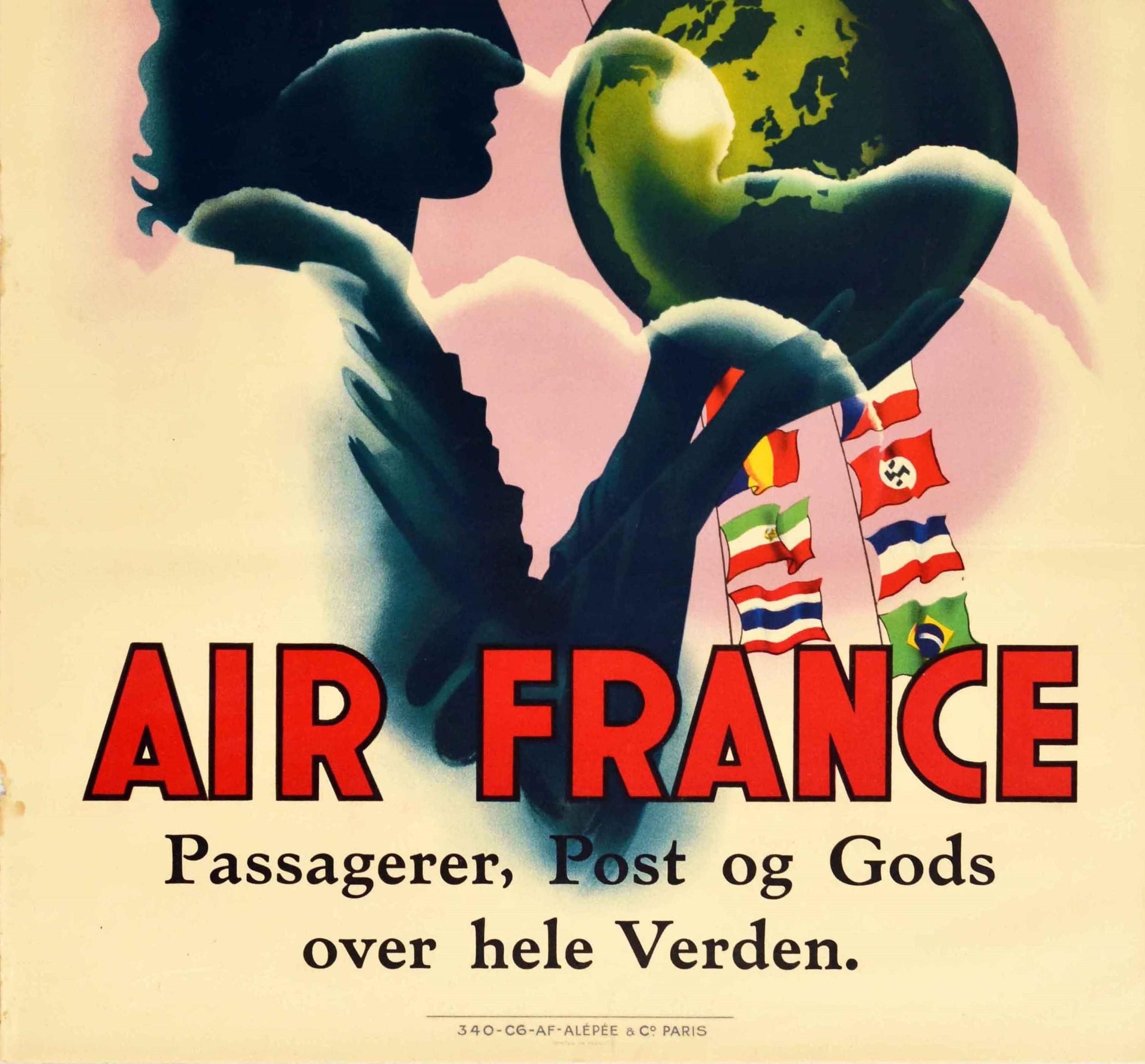 Art Deco Original Vintage Poster Air France Passengers Mail Freight Worldwide Flags Globe For Sale