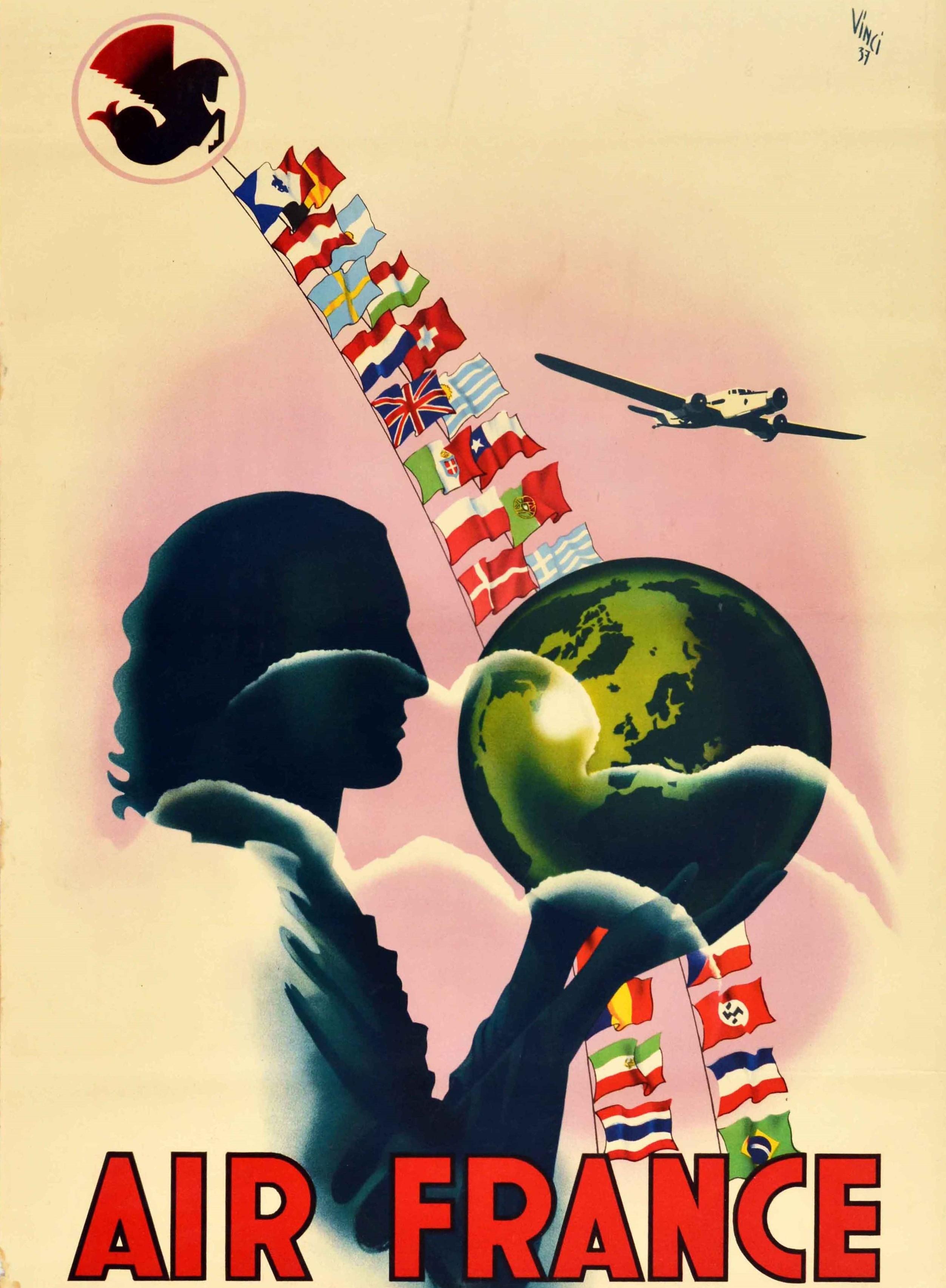 French Original Vintage Poster Air France Passengers Mail Freight Worldwide Flags Globe For Sale