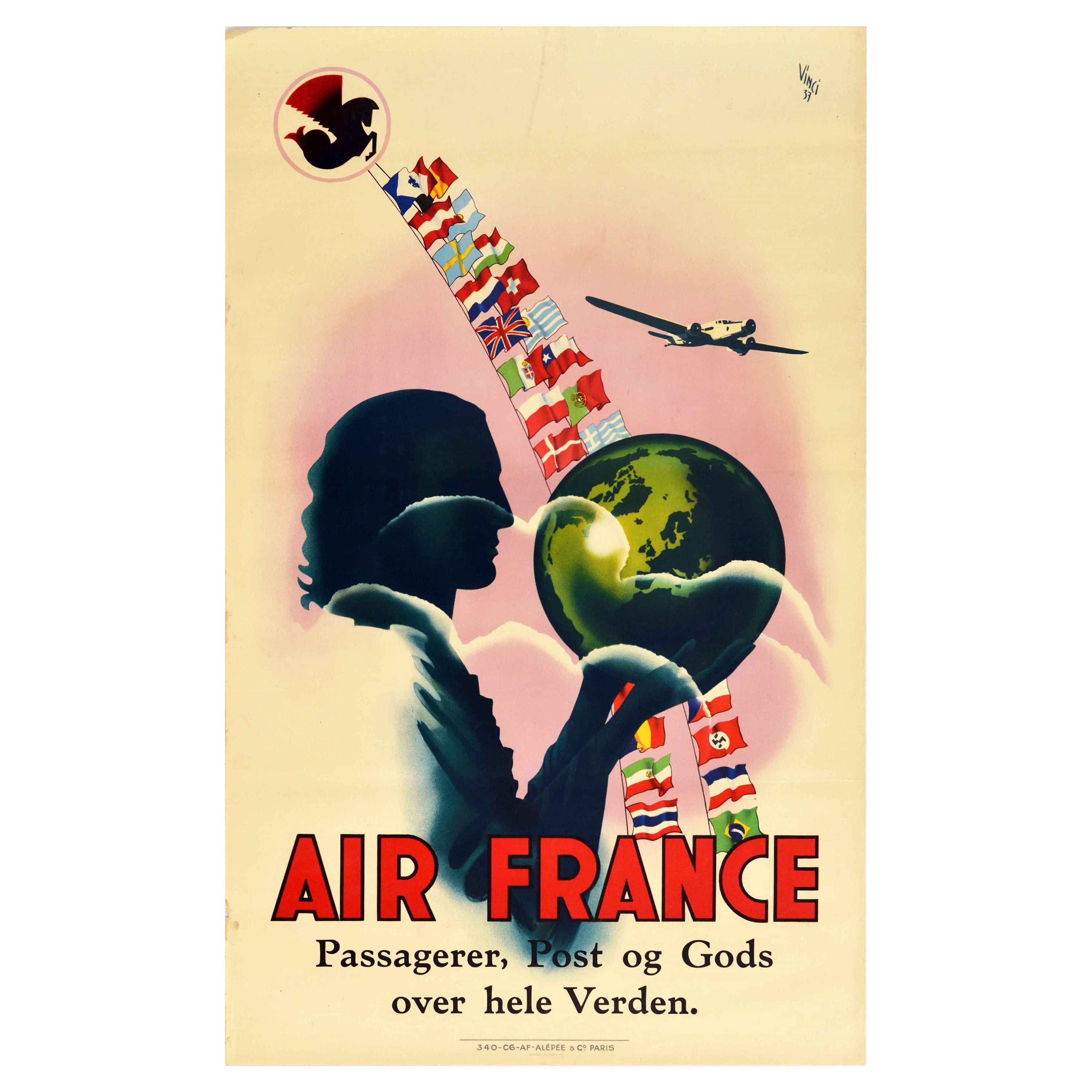 Affiche rétro originale d'Air France, Compagnie aérienne de transport aérien des passagers, Affiche avec drapeaux du monde entier en vente