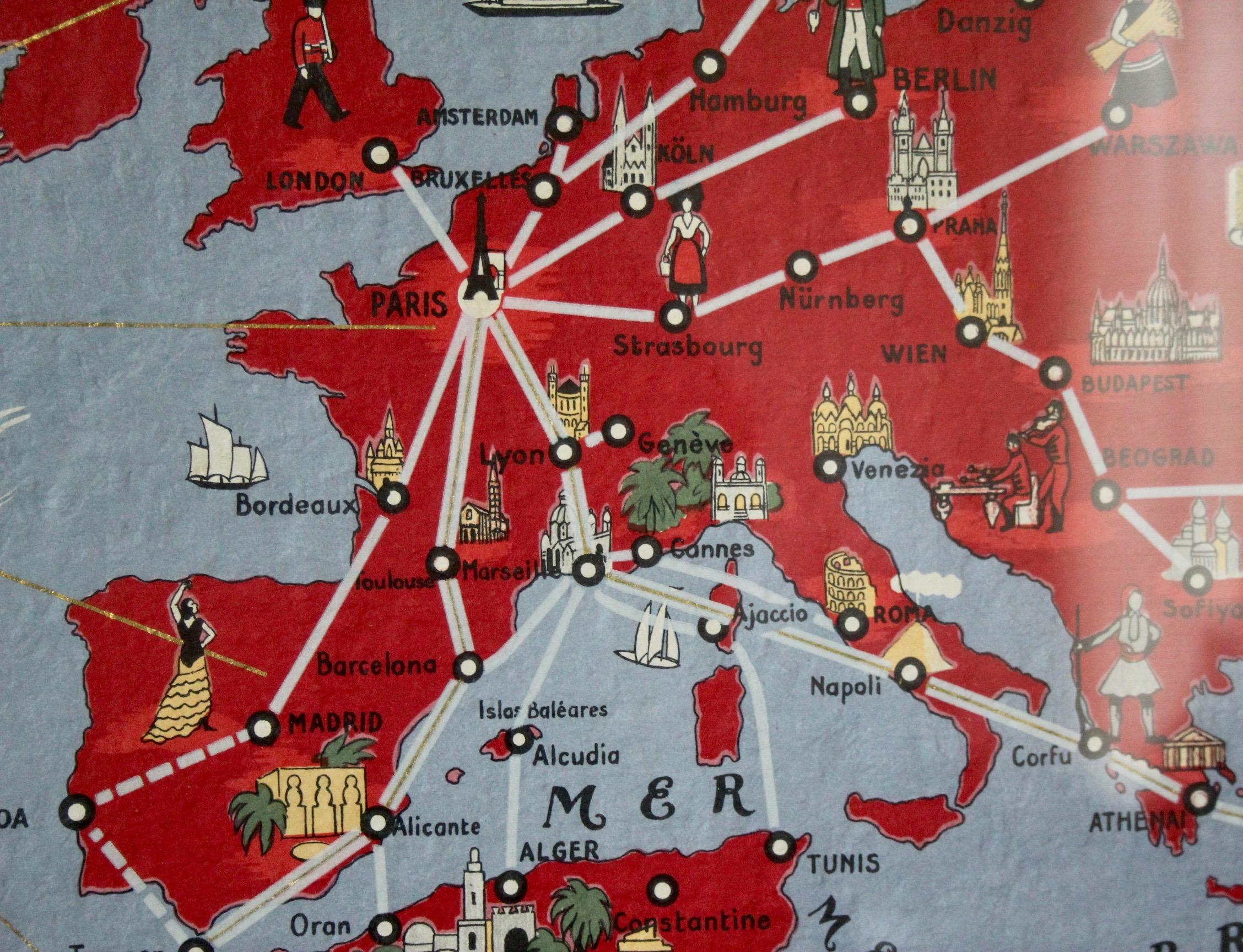Original Vintage Poster Air France Reseau Aerian Mondial Planisphere World Map 5