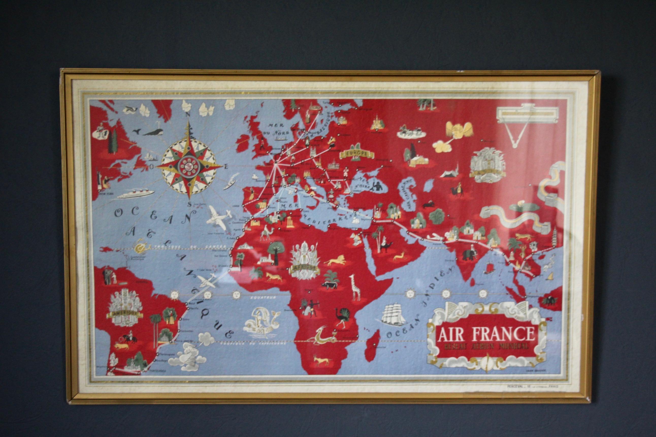 Original Vintage Poster Air France Reseau Aerian Mondial Planisphere World Map signed Lucien Boucher and Perceval