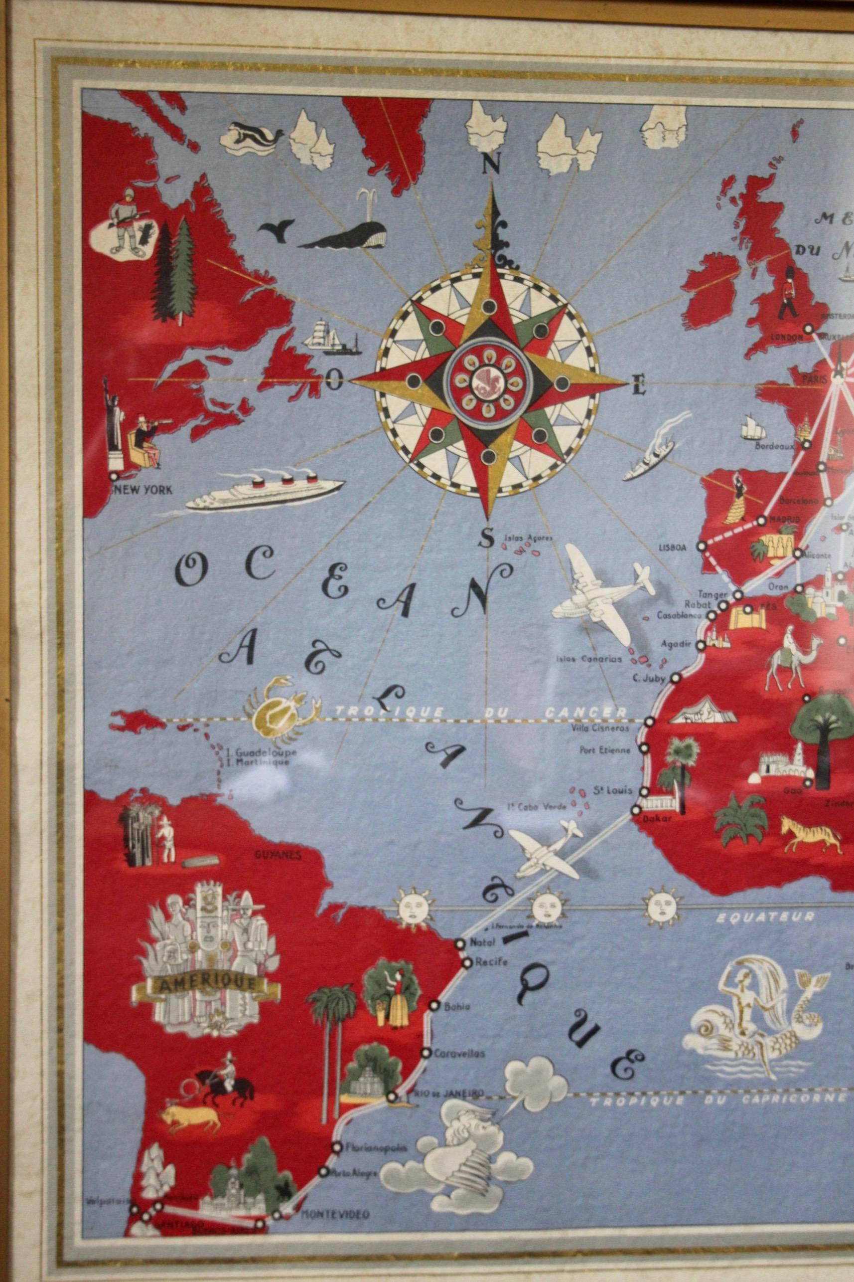 Original Vintage Poster Air France Reseau Aerian Mondial Planisphere World Map In Good Condition In grand Lancy, CH