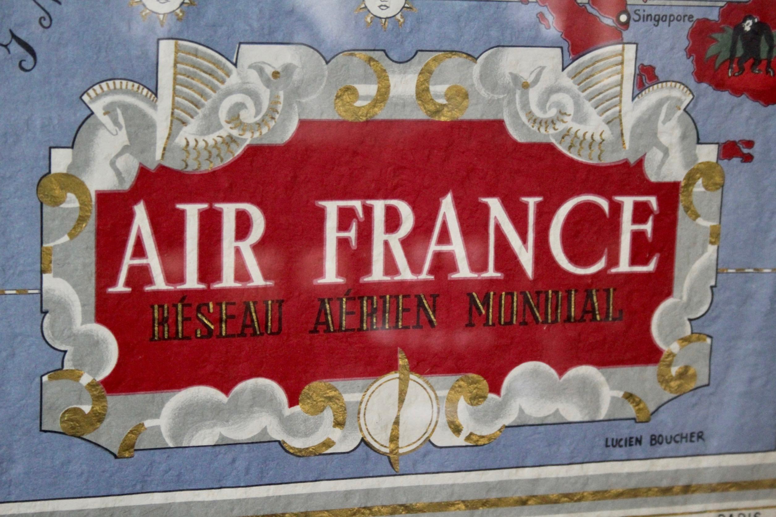 Mid-20th Century Original Vintage Poster Air France Reseau Aerian Mondial Planisphere World Map