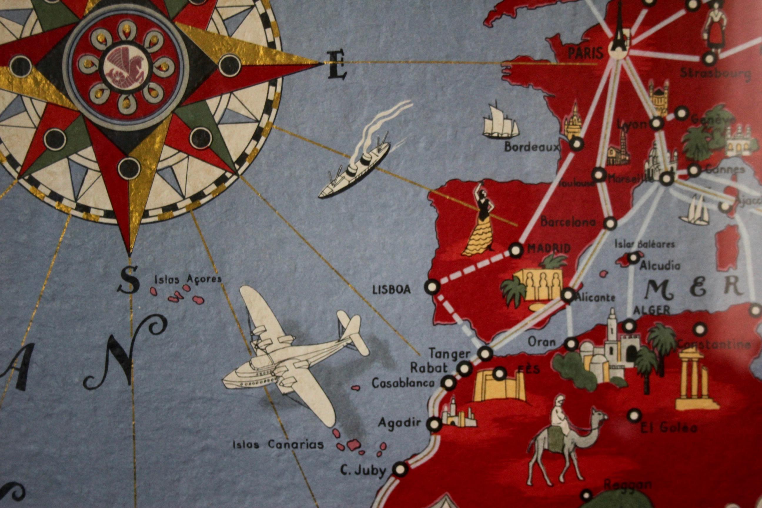 Original Vintage Poster Air France Reseau Aerian Mondial Planisphere World Map 2