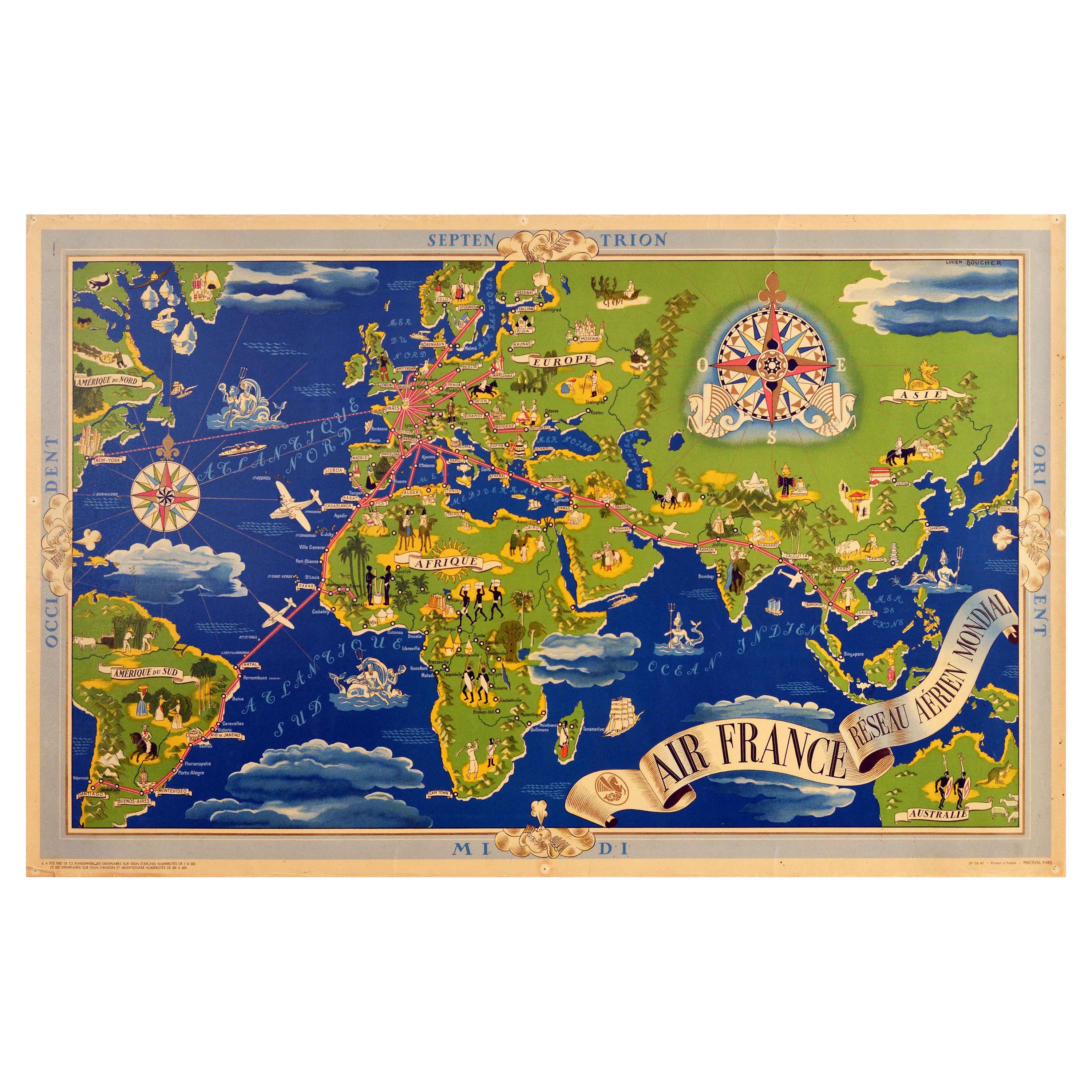 Affiche rétro originale d'Air France, Réseau aérien mondial de l'aviation, Carte du monde