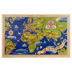 Affiche rétro originale d'Air France, Réseau aérien mondial de l'aviation, Carte du monde