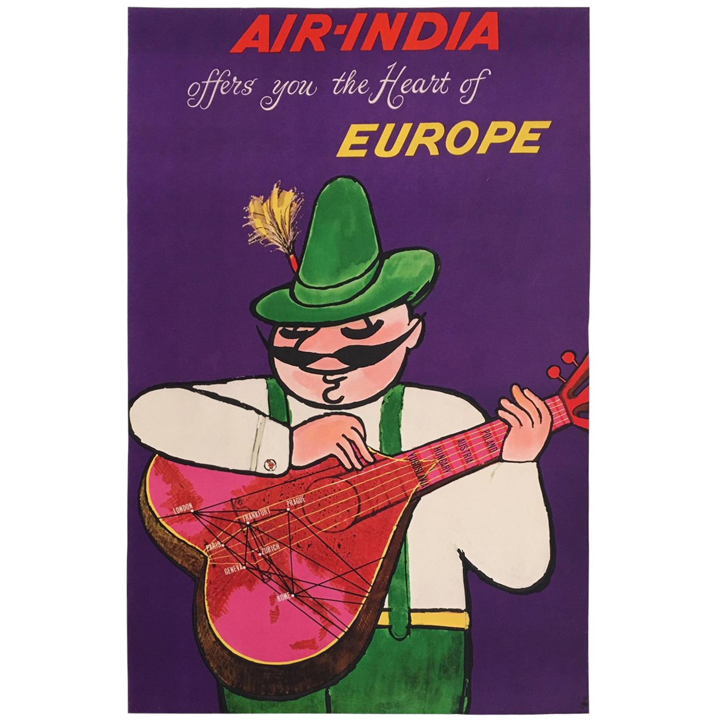 Original Vintage Poster, Air India Heart of Europe, Iconic Travel Poster, 1950s