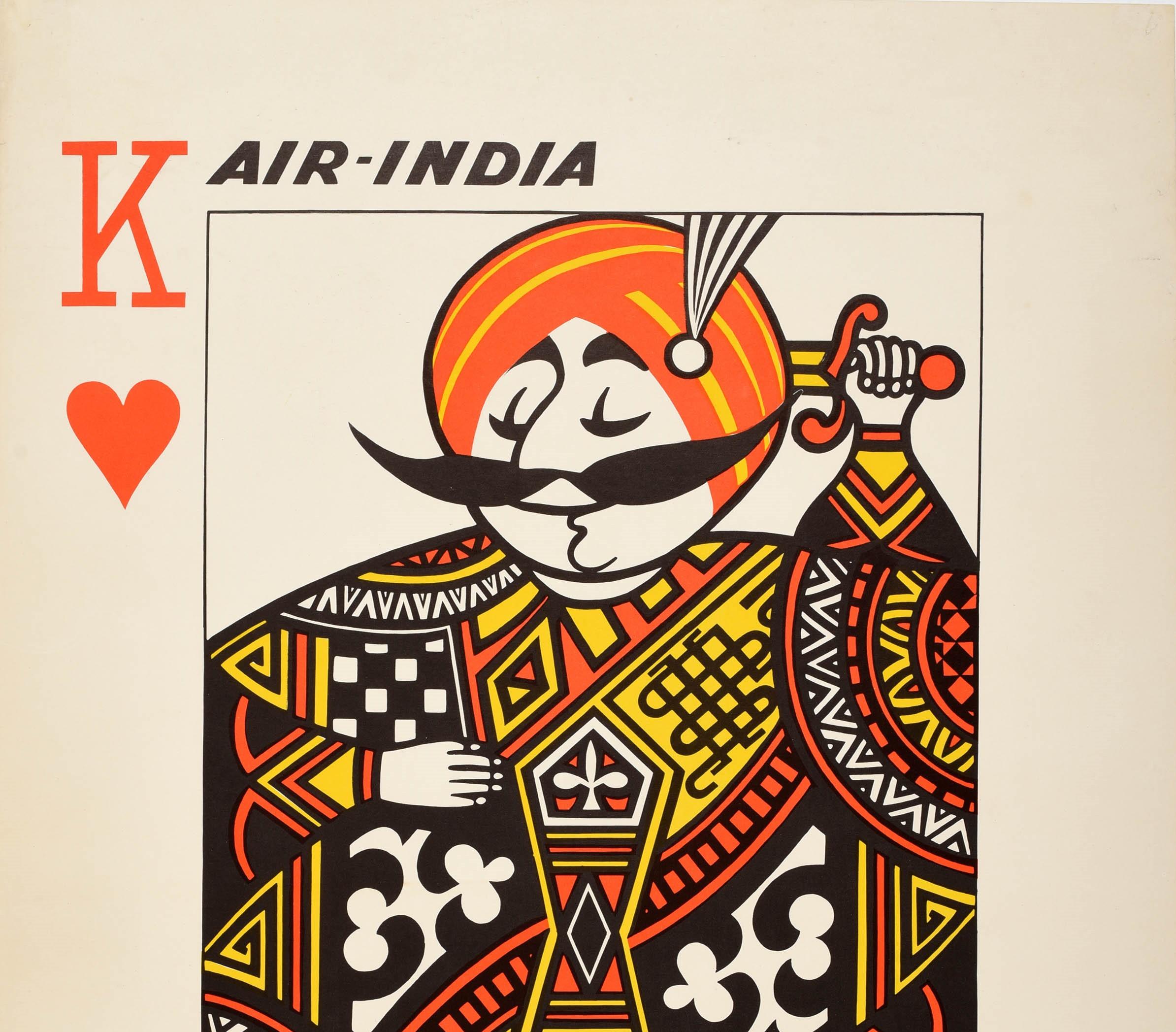 Original vintage travel advertising poster for Air India featuring the Air India Maharajah mascot (created in 1946 by Bobby Kooka and Umesh Rao), in the style of a King of Hearts playing card holding a sword behind his head reflected with the