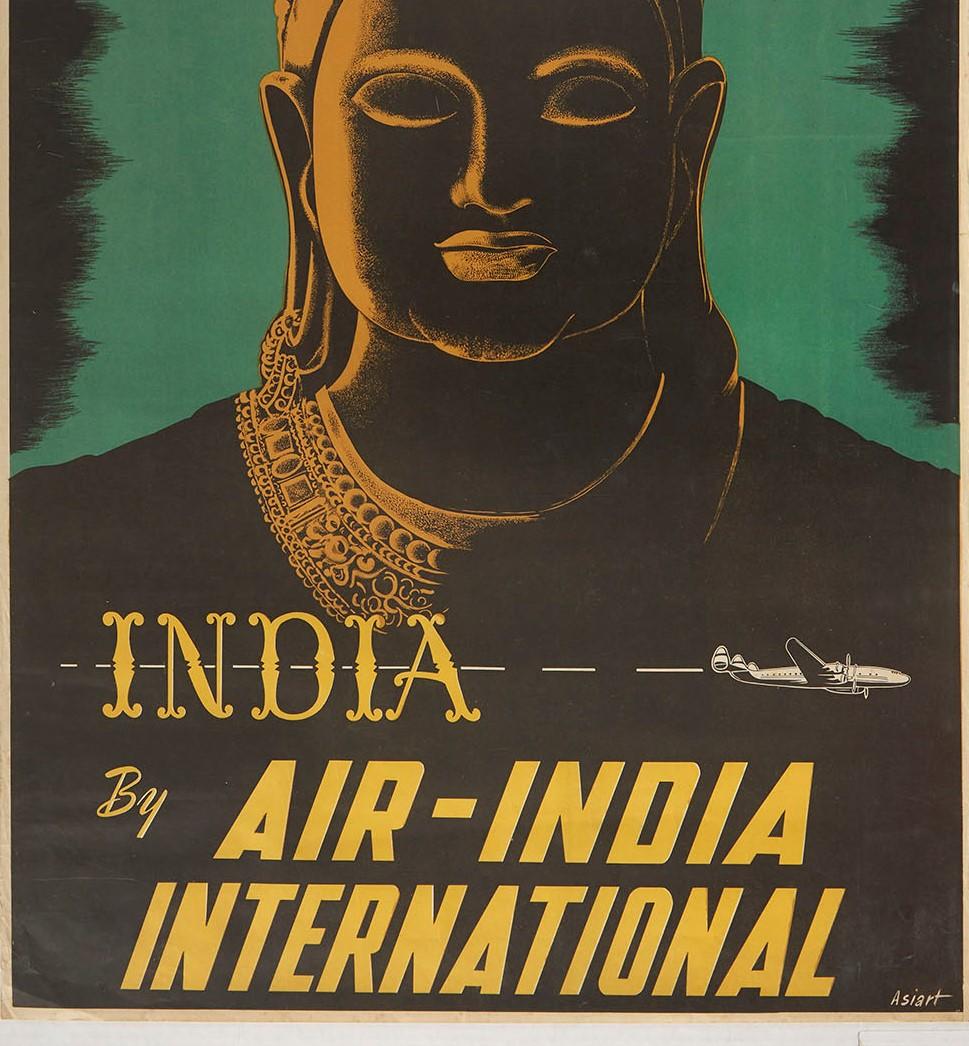 Indian Original Vintage Poster Air India Travel Ft. Buddha Lockheed Constellation Plane