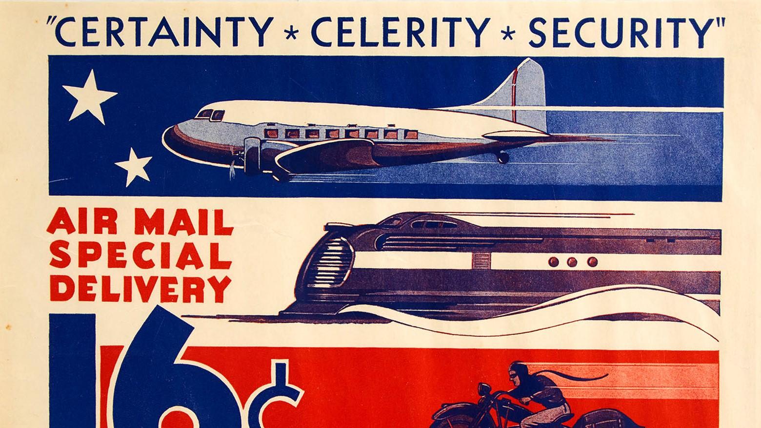 Art Deco Original Vintage Poster Air Mail Special Delivery US Post Plane Train Motorcycle