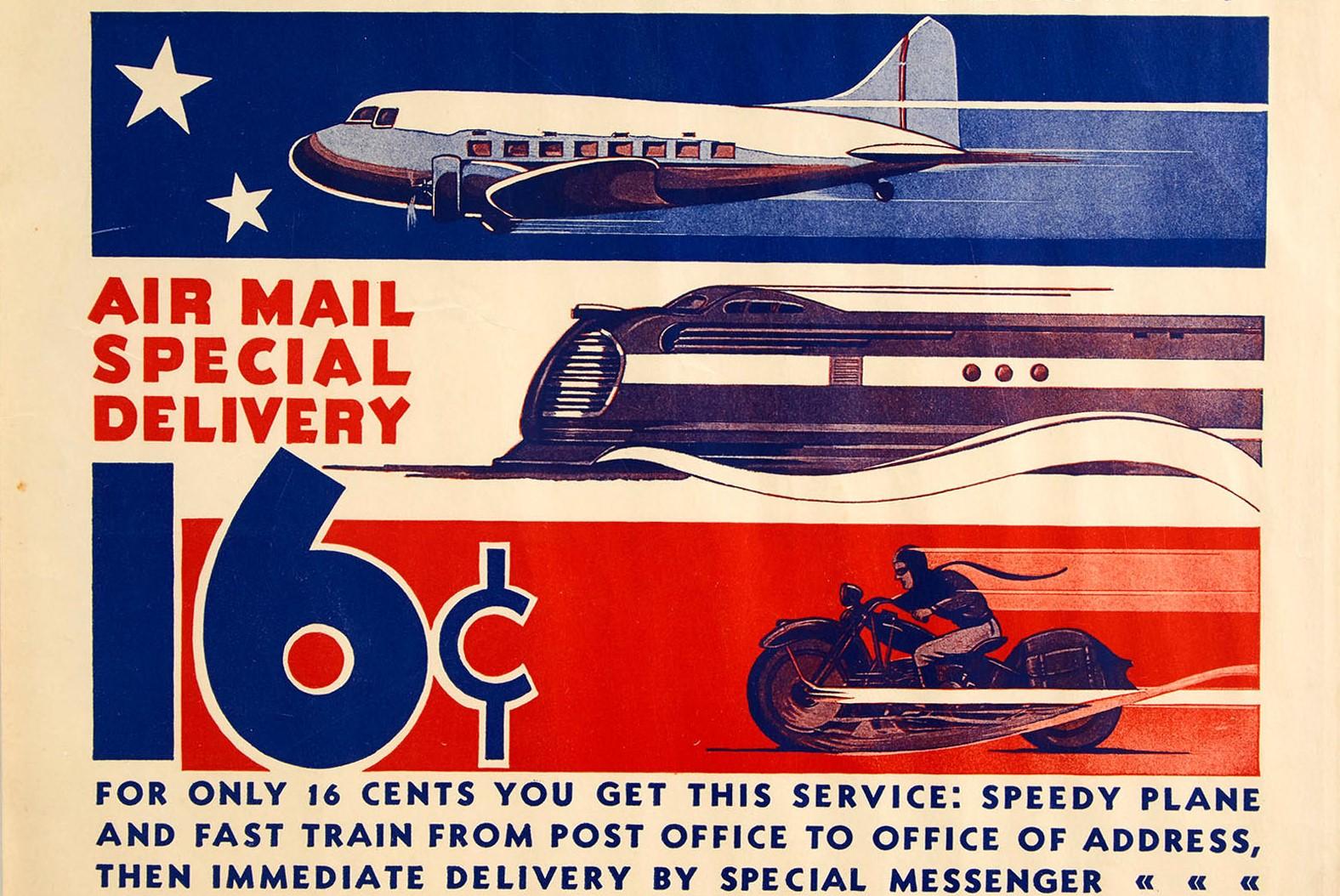 American Original Vintage Poster Air Mail Special Delivery US Post Plane Train Motorcycle