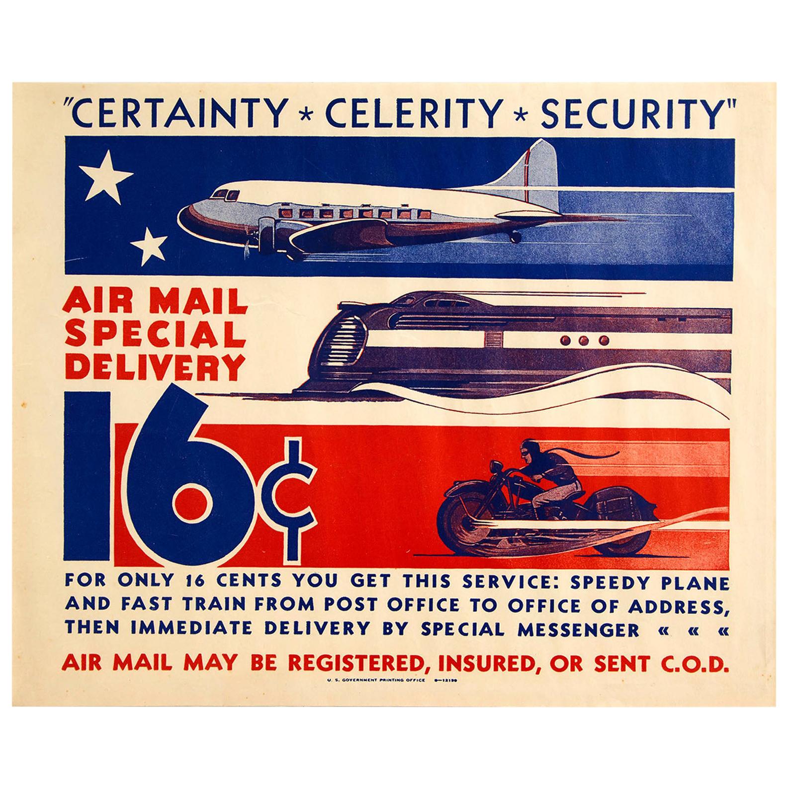 Original Vintage Poster Air Mail Special Delivery US Post Plane Train Motorcycle