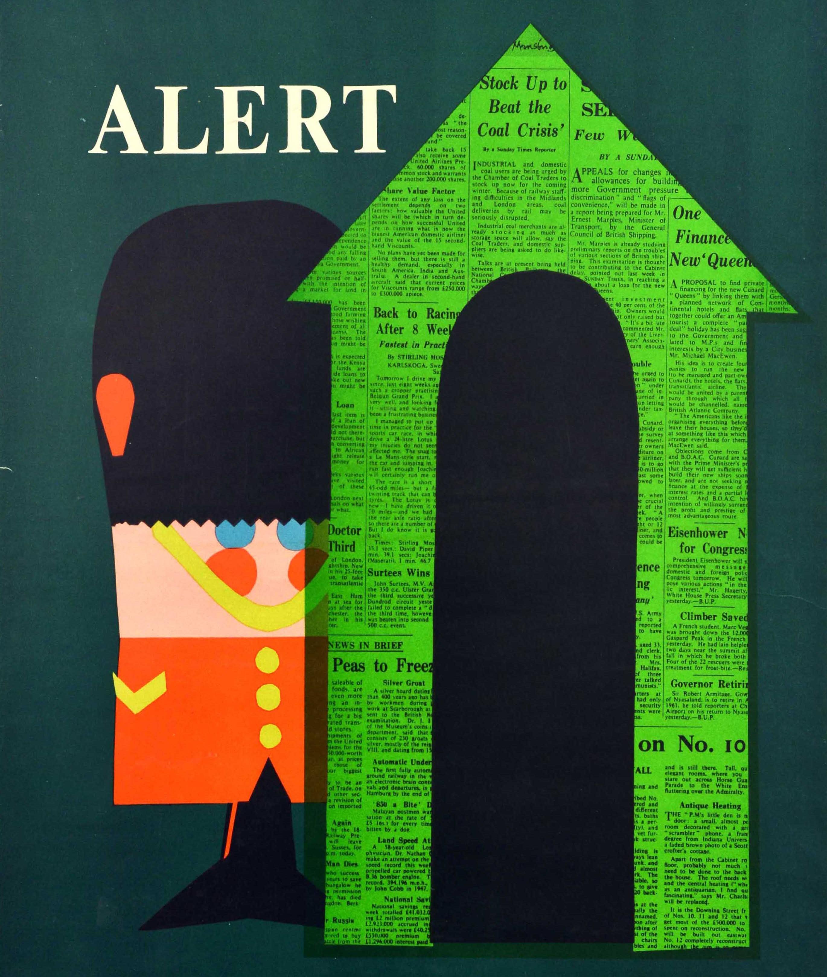 British Original Vintage Poster Alert Sunday Times News Royal Guard Sentry Box Design For Sale