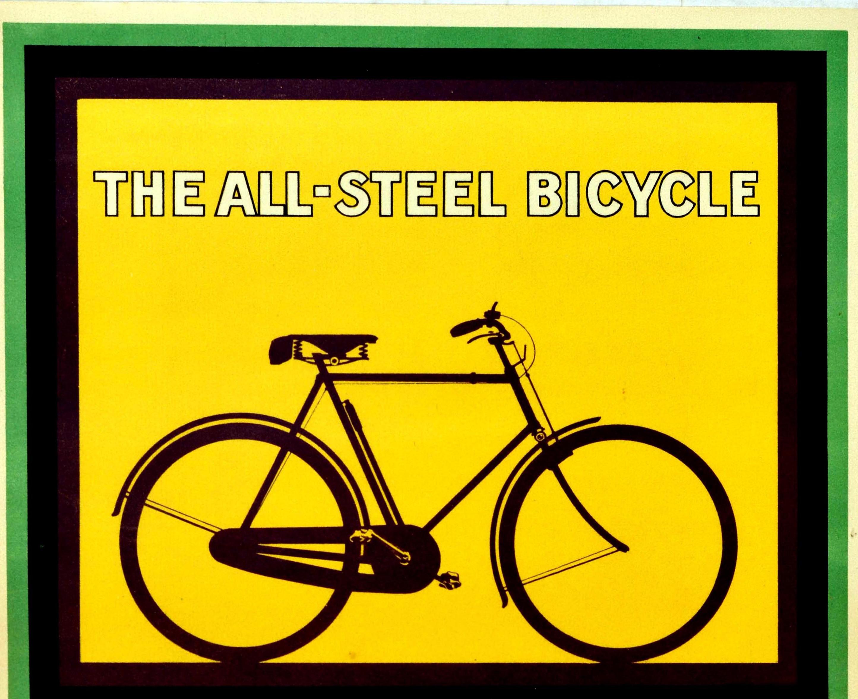 Original vintage advertising poster for The All Steel Bicycle The Raleigh With Everlasting Guarantee featuring a great design of a silhouette of a Raleigh bike on a yellow background with the bold stylized white lettering in the black and green
