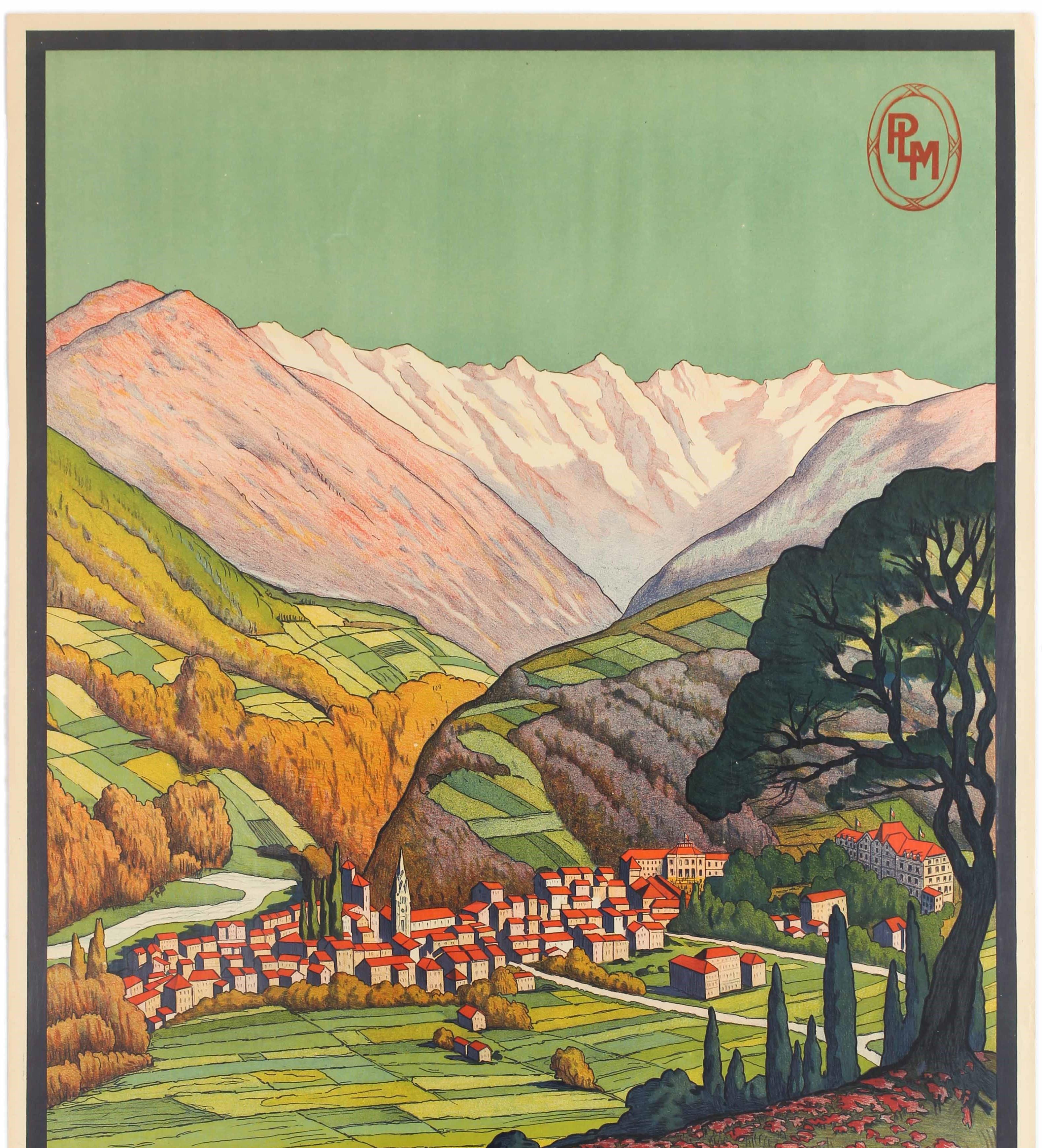 Original vintage travel poster for Allevard Les Bains Station Thermale Centre D'Excursions / Thermal Spa Excursions Centre issued by the PLM Paris Lyon Mediterranee railway featuring colorful artwork by Jean Julien (b 1888) depicting the town