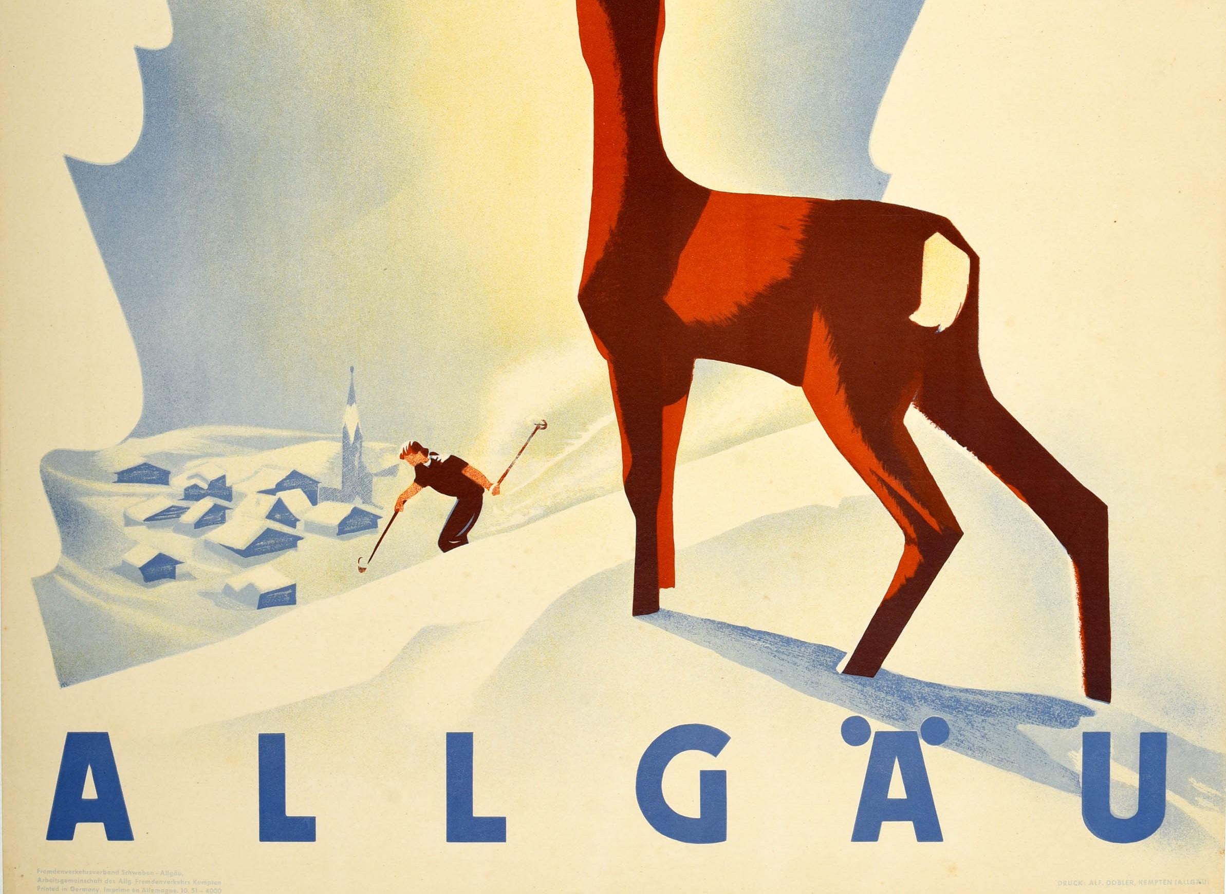 Original Vintage Poster Allgau Germany Alps Skiing Winter Sun Snow Mountain Deer In Good Condition In London, GB