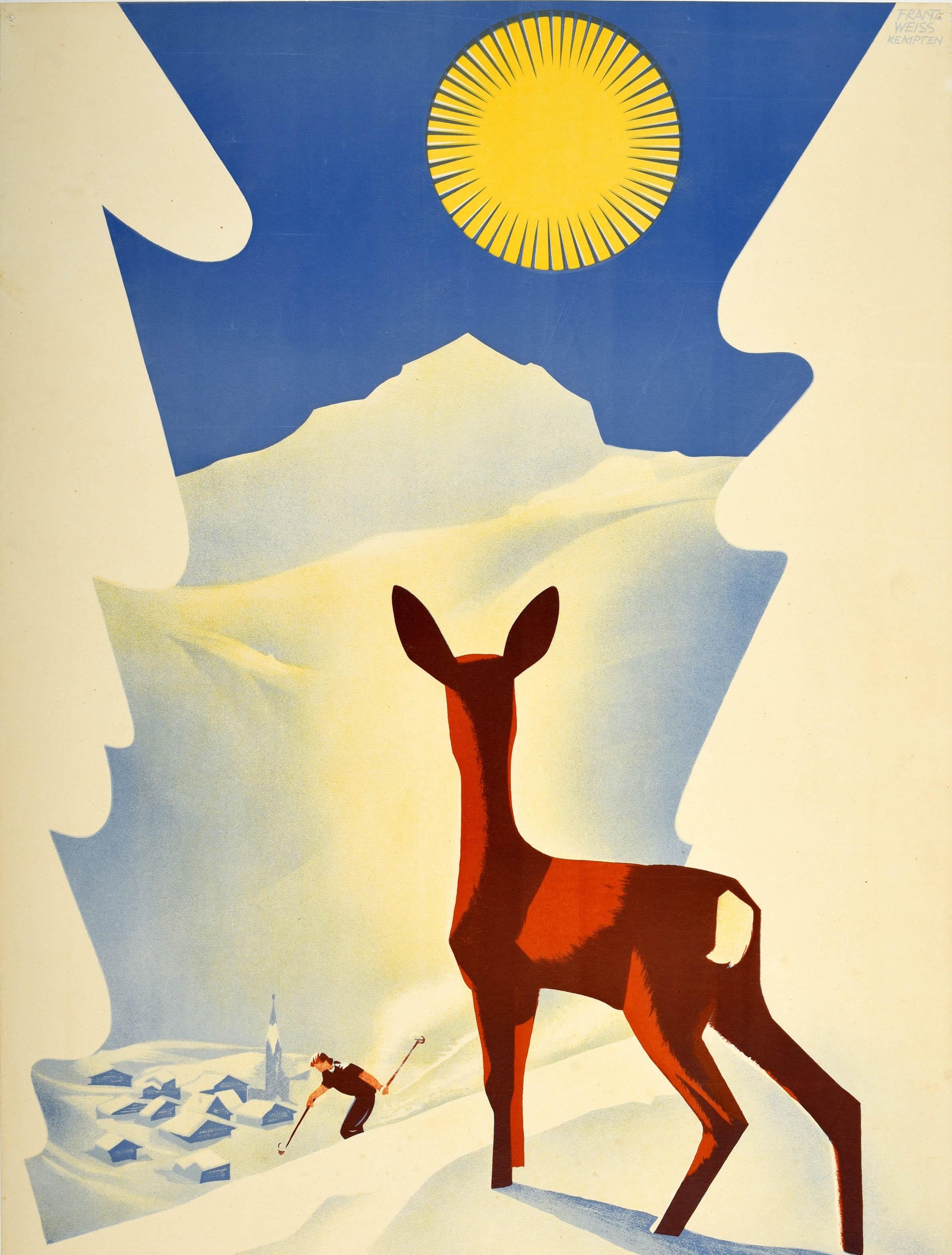 Mid-20th Century Original Vintage Poster Allgau Germany Alps Skiing Winter Sun Snow Mountain Deer
