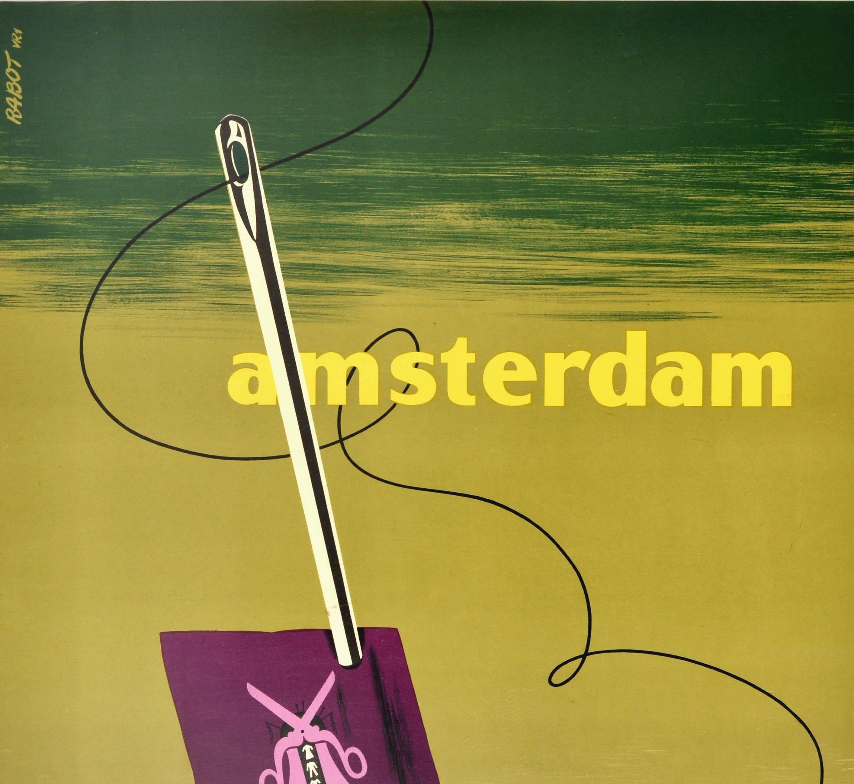Original vintage advertising poster for the Amsterdam Fashion Week 16-21 November 1953 featuring a great mid-century design of a pair of scissors and images of clothing styles on a purple cloth pierced by a sewing needle diagonally in the centre