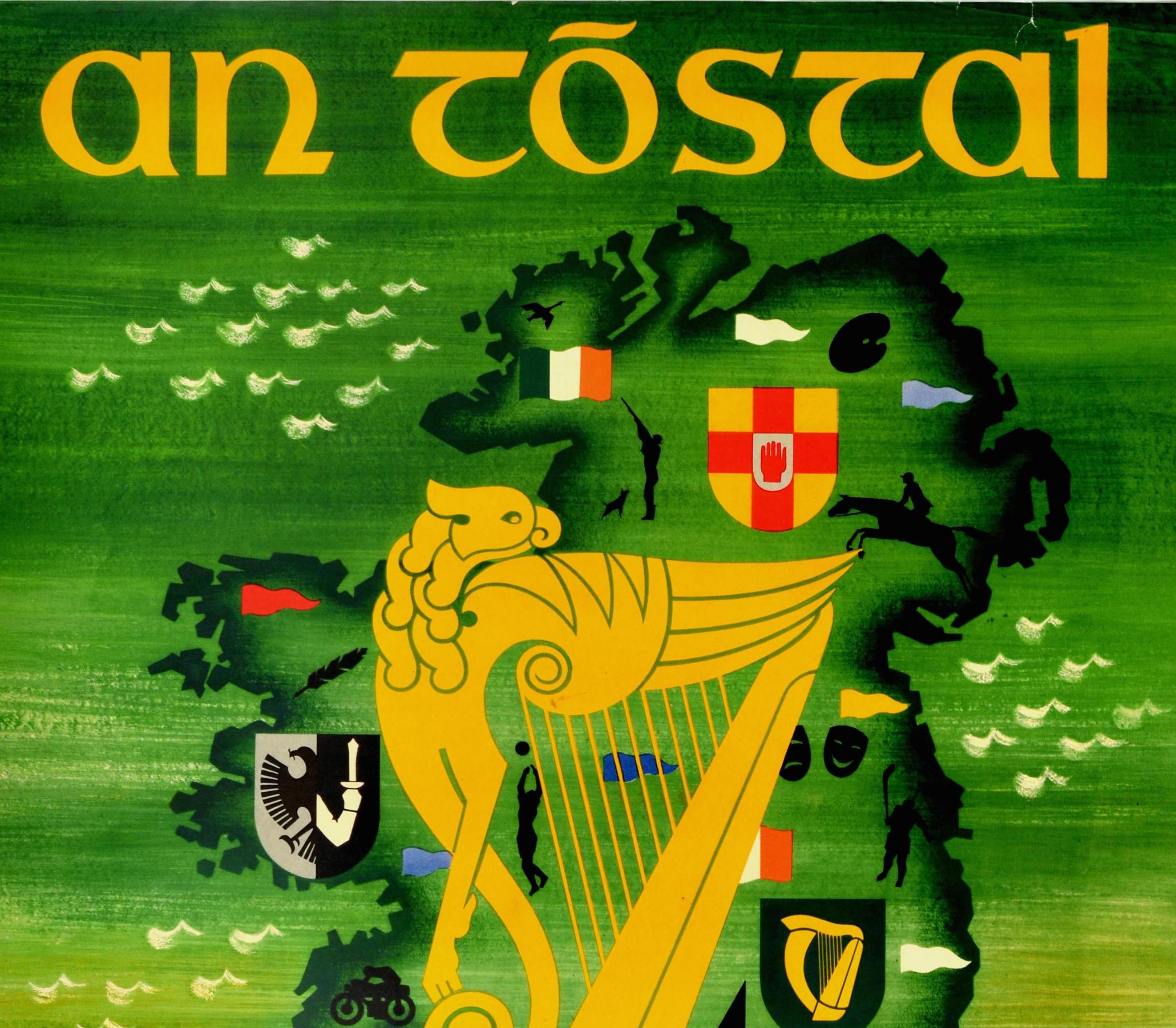Original vintage travel poster - An Tostal Ireland At Home - for the annual festival held on 18 April to 9 May 1954 featuring the Celtic harp on an outline map of Ireland depicting various cultural and sport images including shooting, an artist