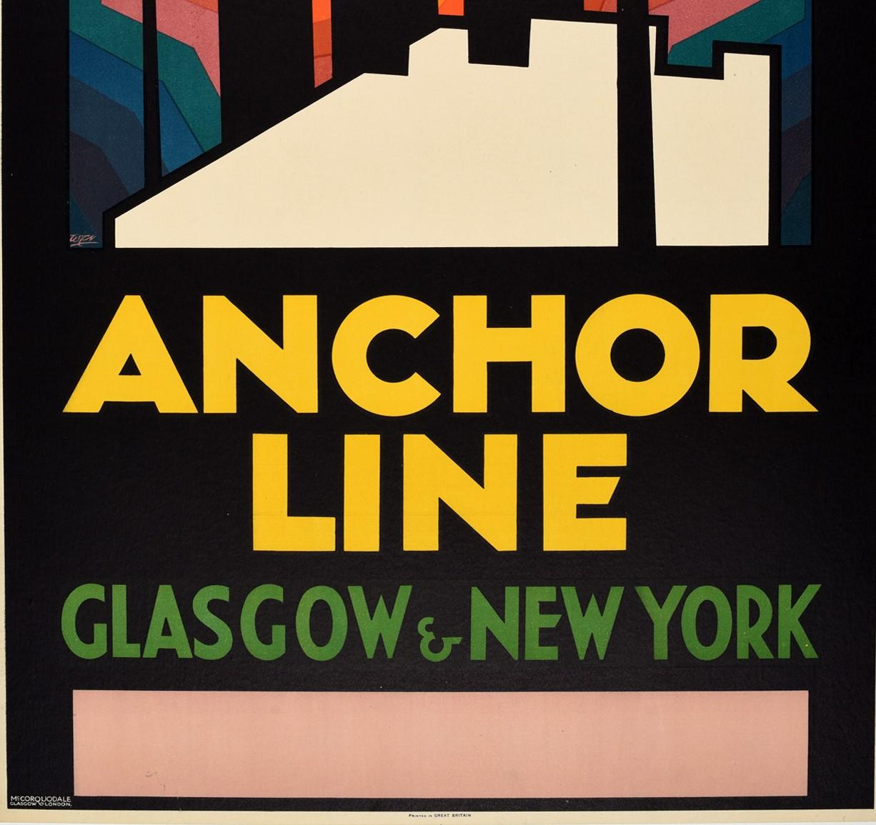 British Original Vintage Poster Anchor Line Glasgow New York Modernism Cruise Travel