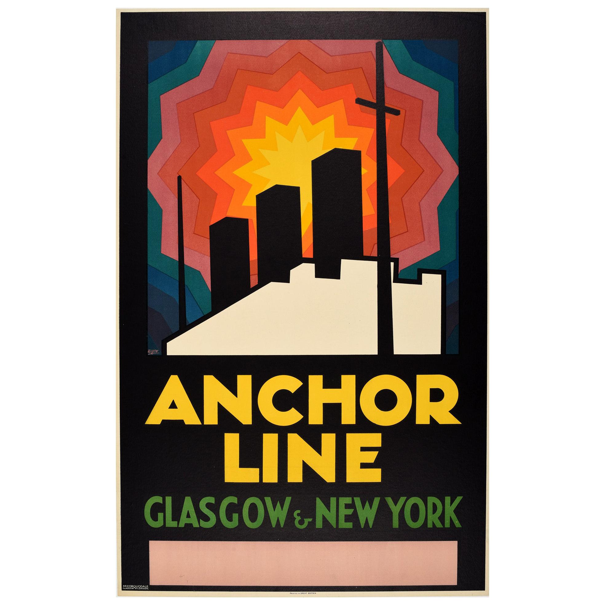 Original Vintage Poster Anchor Line Glasgow New York Modernism Cruise Travel